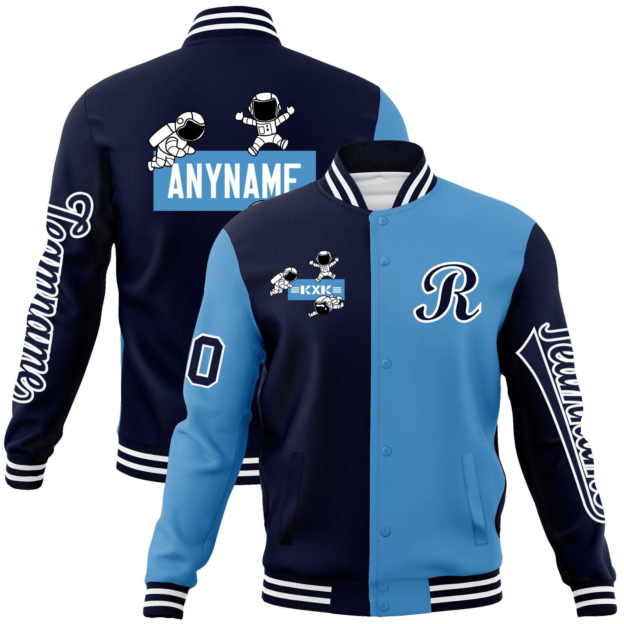 Custom Navy Light Blue Two Tone Split Fashion Varsity Letterman Jacket with Raglan Sleeves