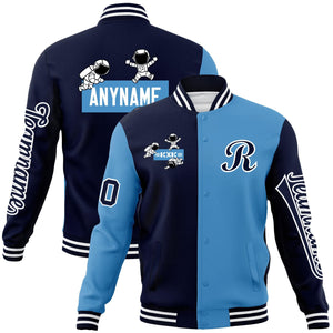 Custom Navy Light Blue Two Tone Split Fashion Varsity Letterman Jacket with Raglan Sleeves