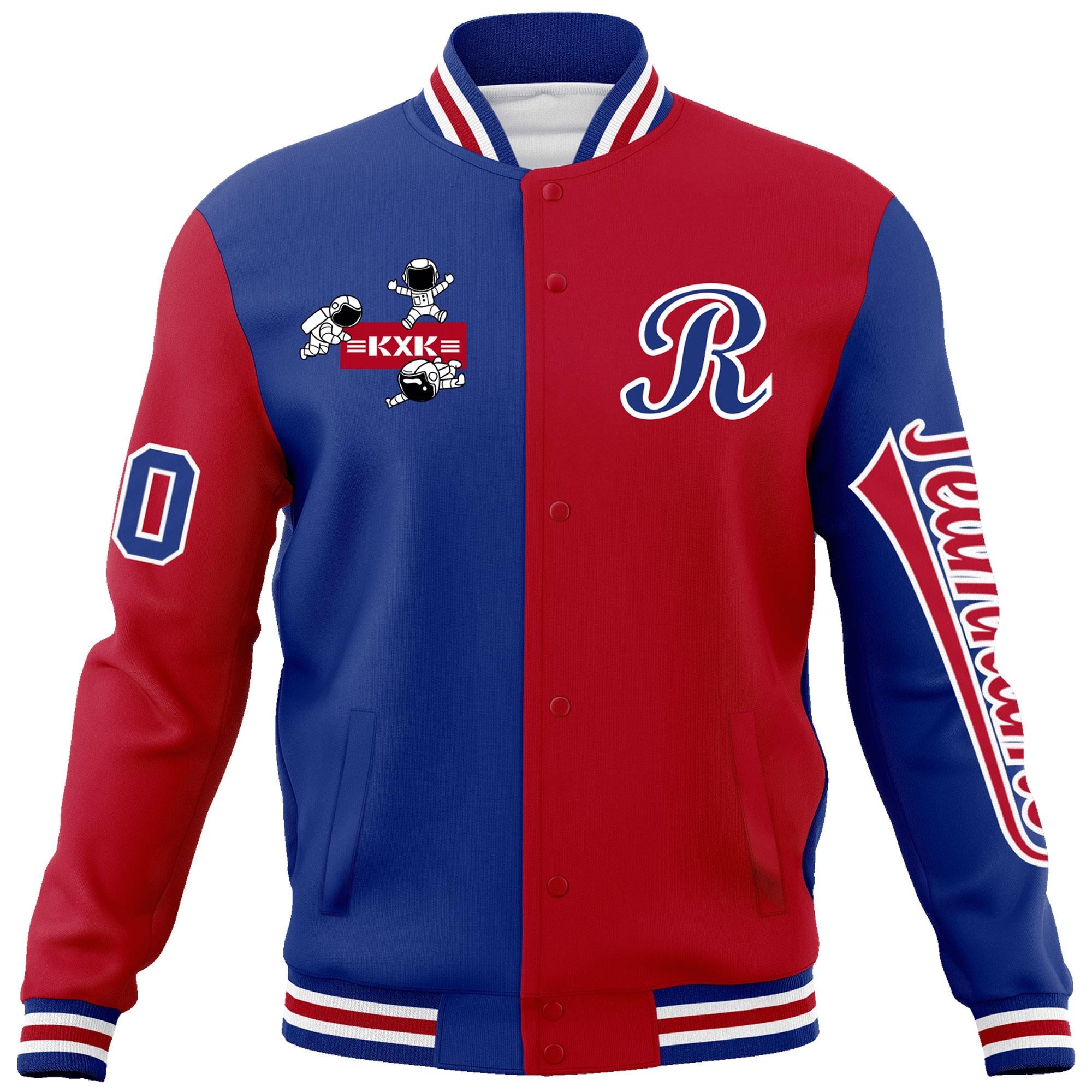 Custom Royal Red Two Tone Split Fashion Varsity Letterman Jacket with Raglan Sleeves