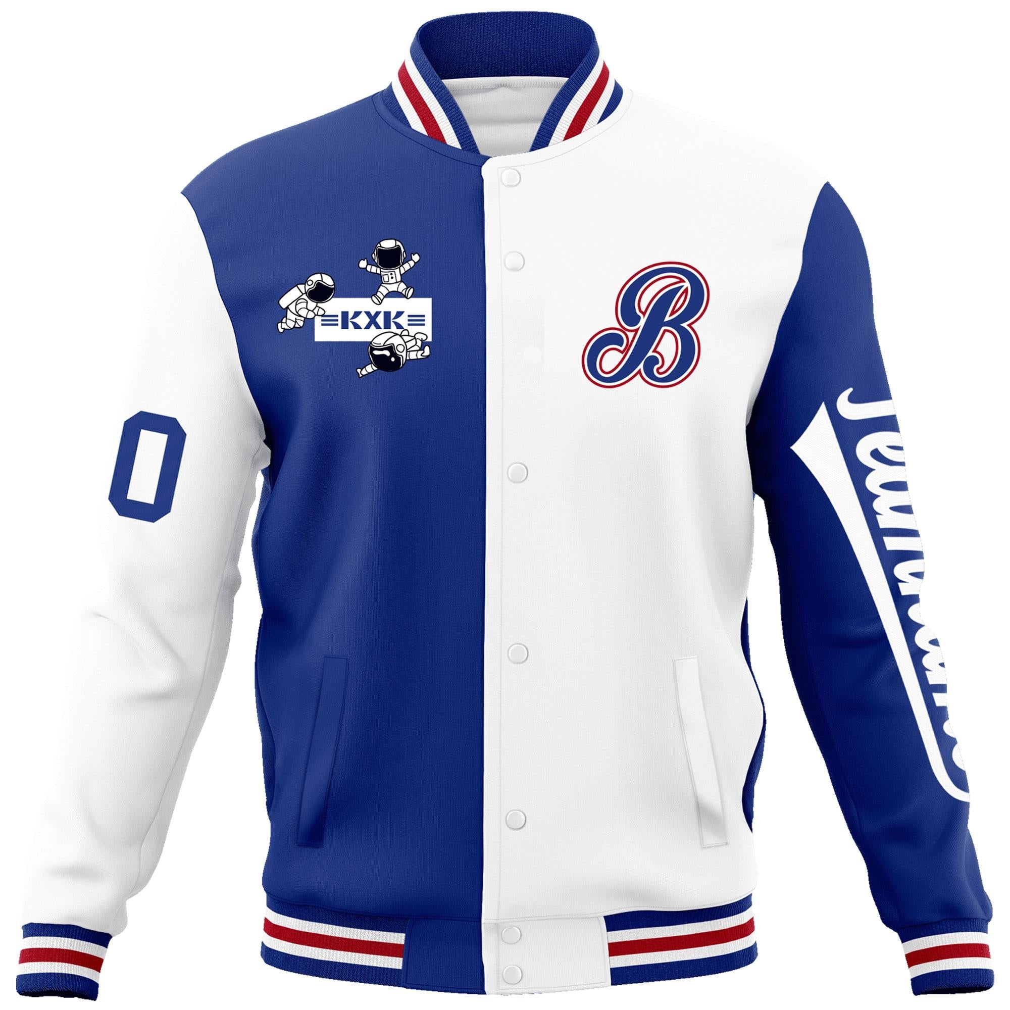 Custom Royal White Two Tone Split Fashion Varsity Letterman Jacket with Raglan Sleeves