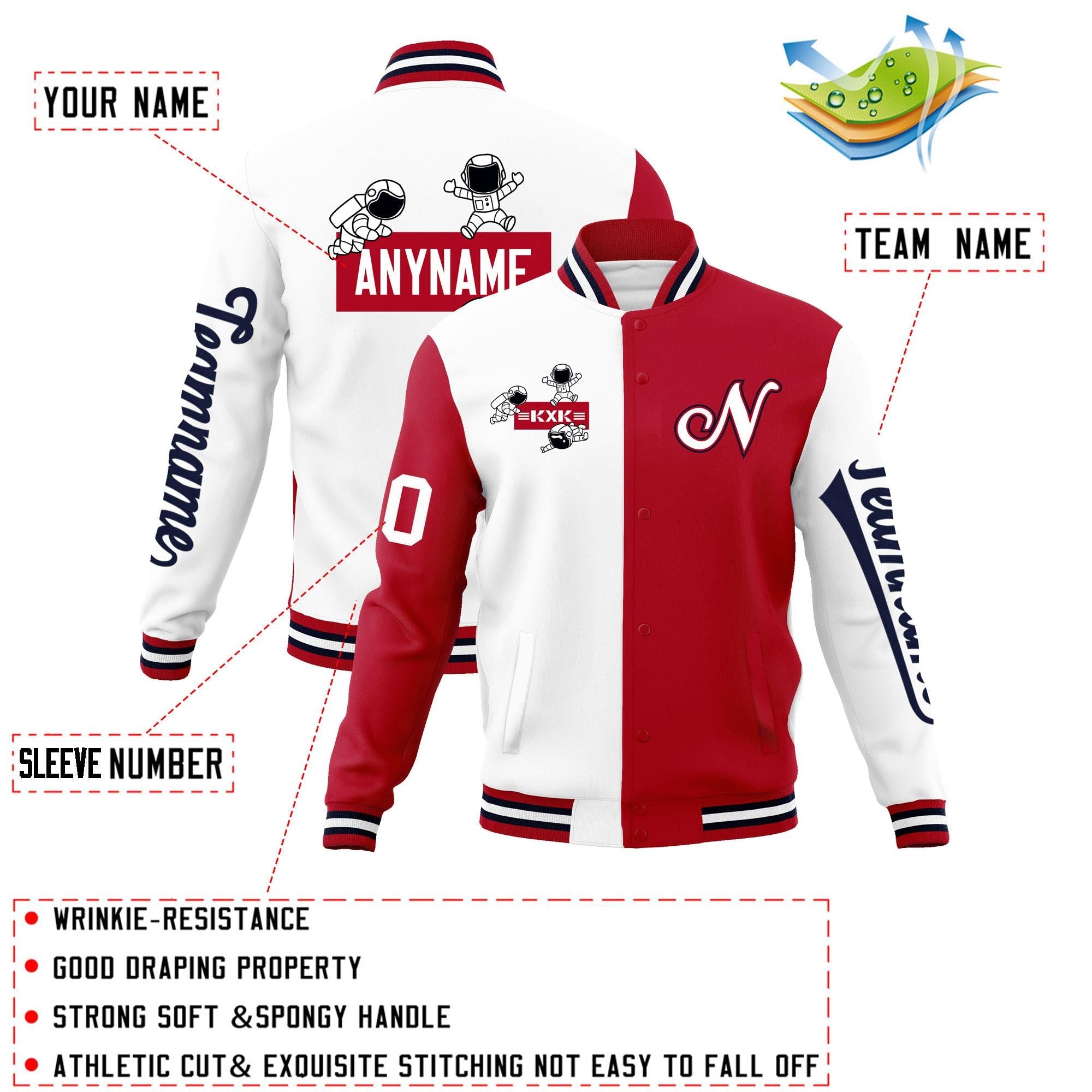 Custom White Red Two Tone Split Fashion Varsity Letterman Jacket with Raglan Sleeves