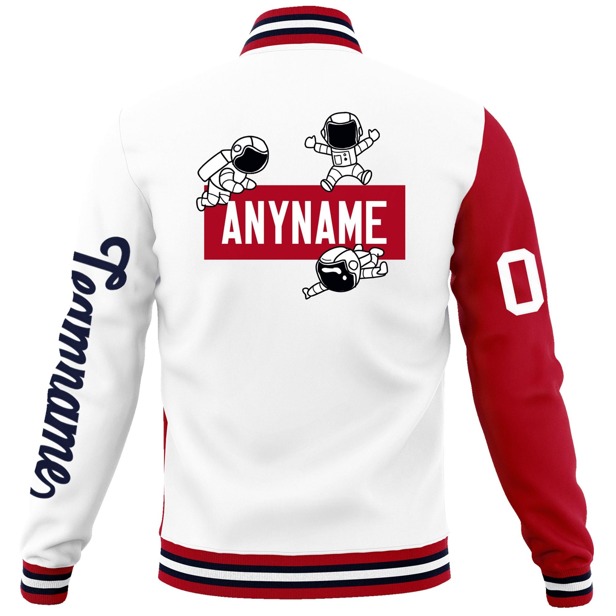 Custom White Red Two Tone Split Fashion Varsity Letterman Jacket with Raglan Sleeves