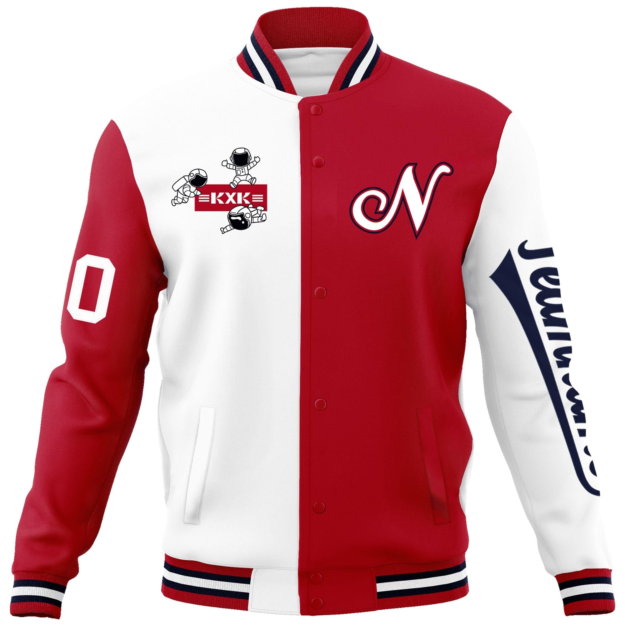 Custom White Red Two Tone Split Fashion Varsity Letterman Jacket with Raglan Sleeves