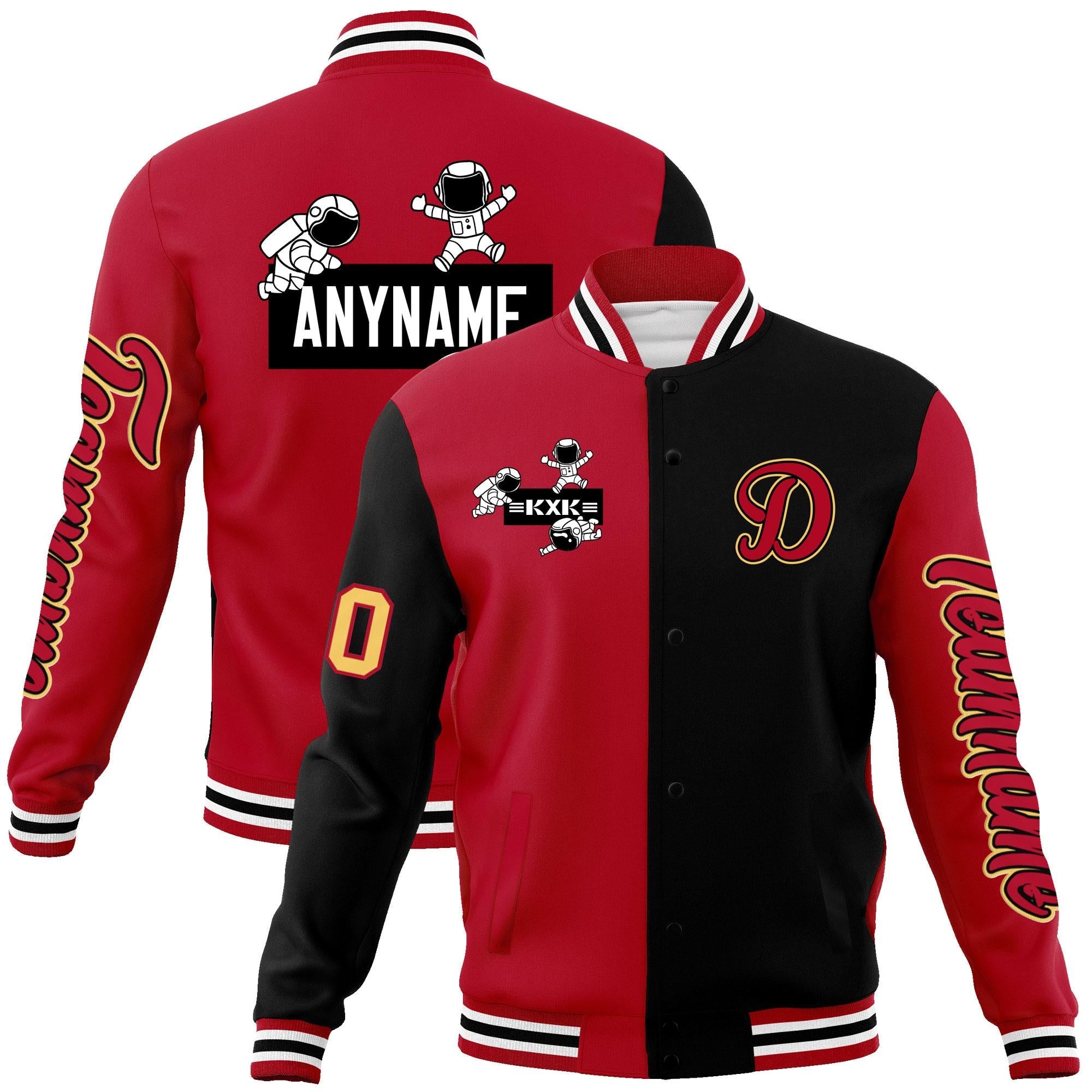 Custom Red Black Two Tone Split Fashion Varsity Letterman Jacket with Raglan Sleeves