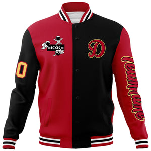 Custom Red Black Two Tone Split Fashion Varsity Letterman Jacket with Raglan Sleeves