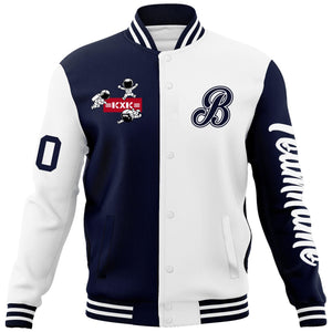 Custom Navy White Two Tone Split Fashion Varsity Letterman Jacket with Raglan Sleeves