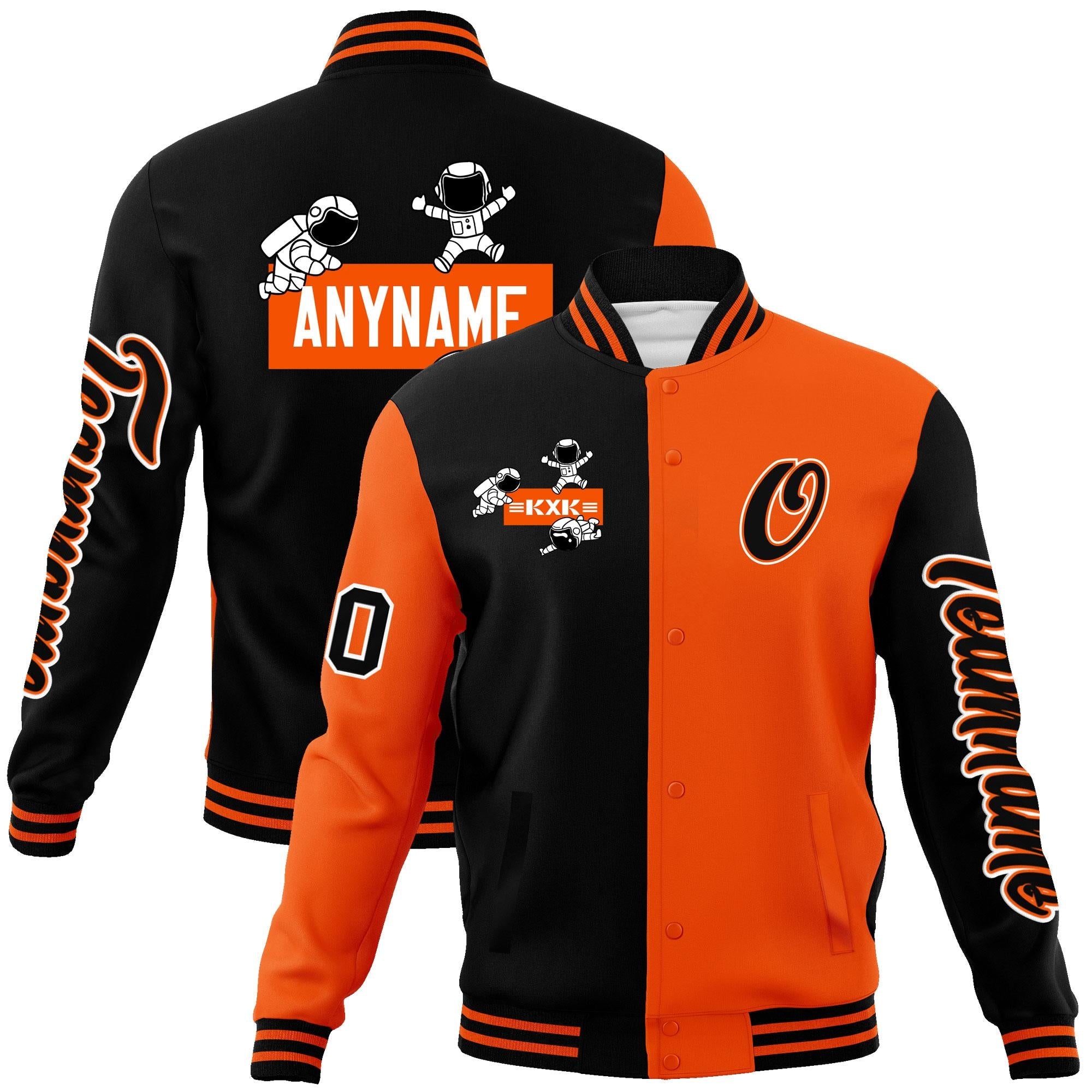 Custom Black Orange Two Tone Split Fashion Varsity Letterman Jacket with Raglan Sleeves