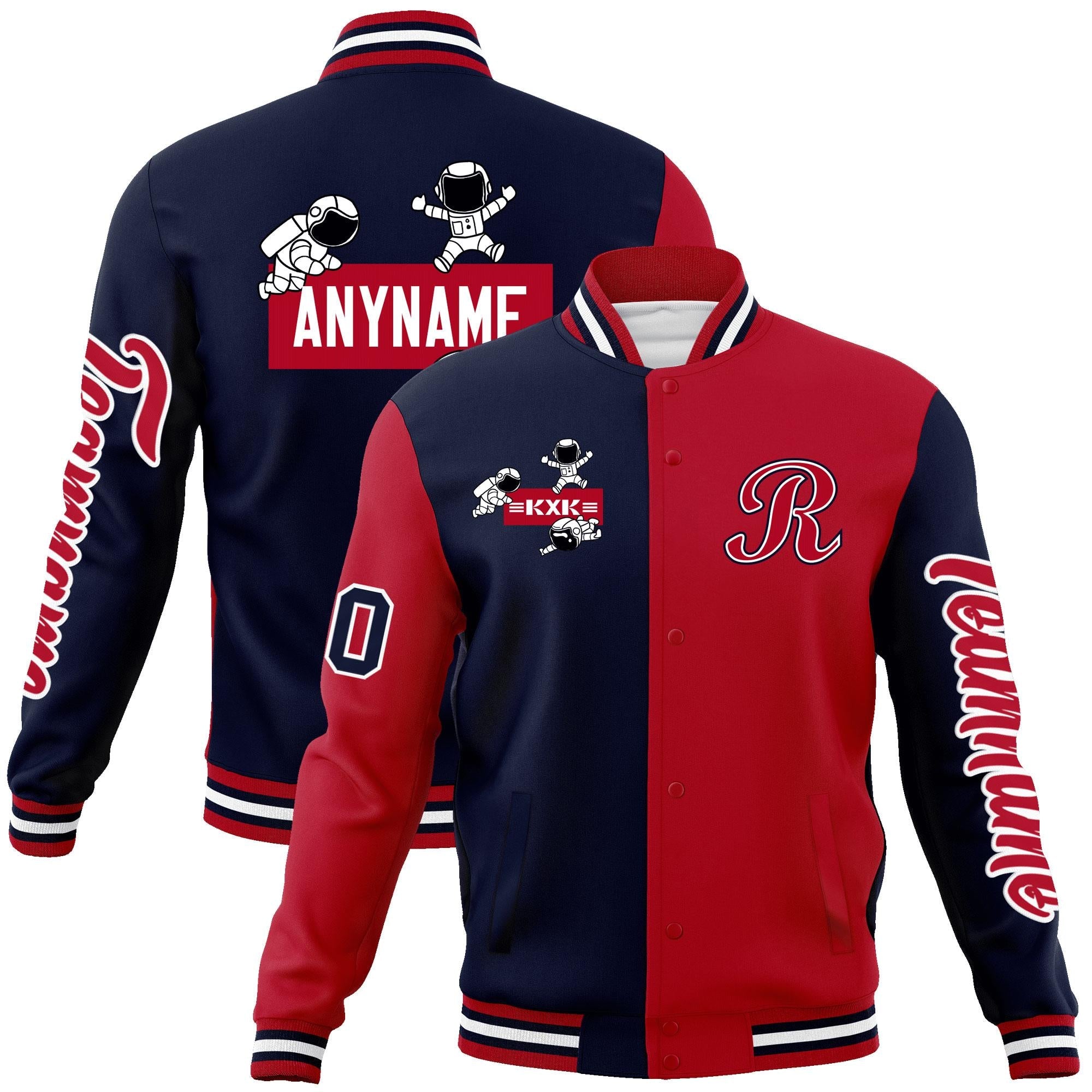 Custom Navy Red Two Tone Split Fashion Varsity Letterman Jacket with Raglan Sleeves