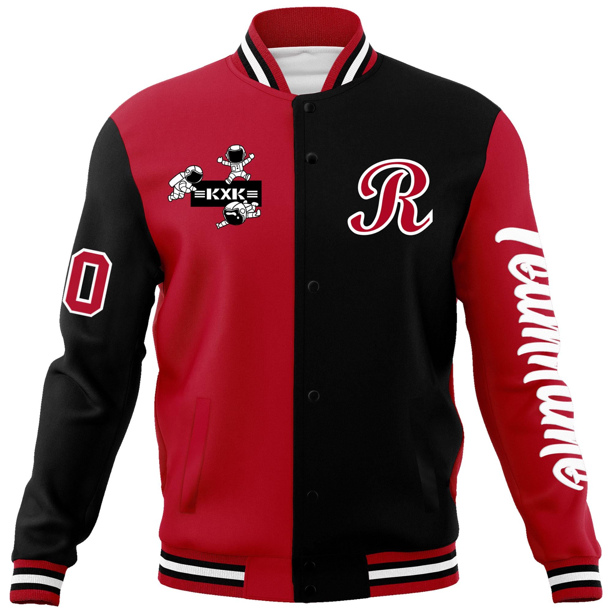 Custom Red Black Two Tone Split Fashion Varsity Letterman Jacket with Raglan Sleeves