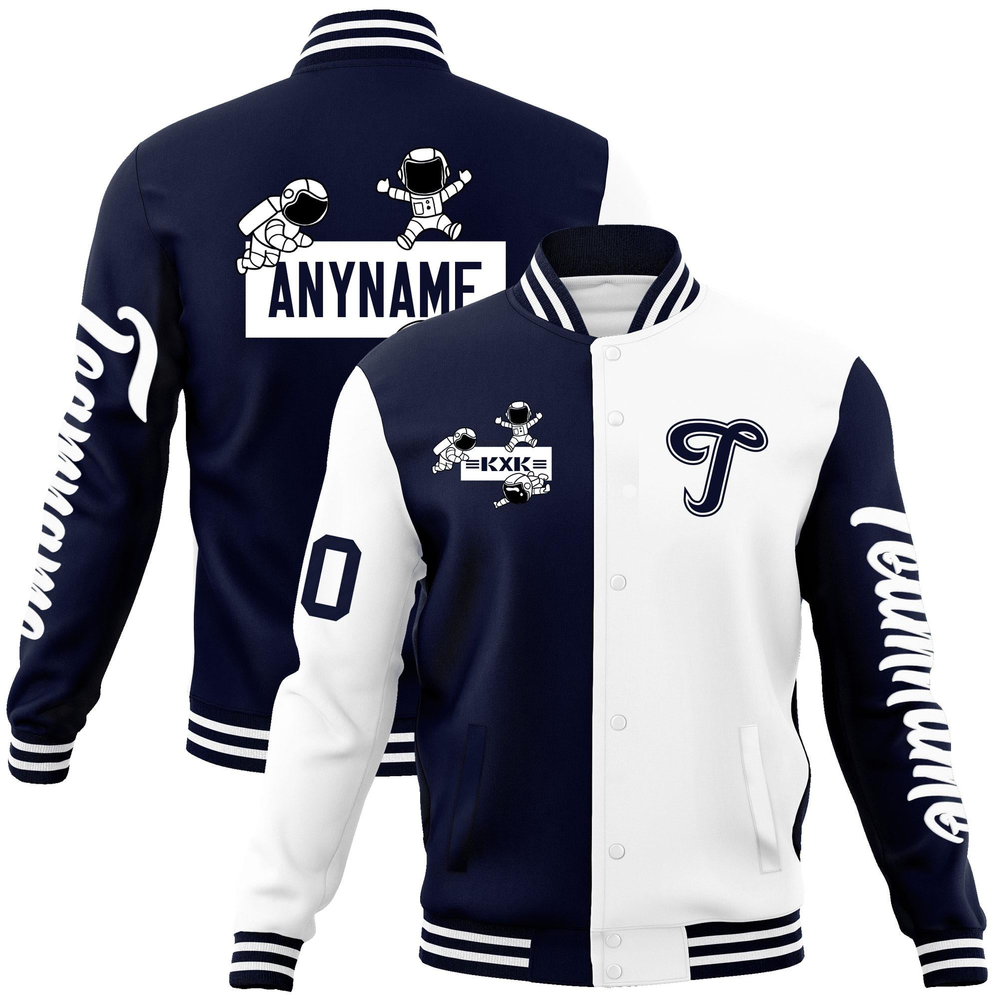 Custom Navy White Two Tone Split Fashion Varsity Letterman Jacket with Raglan Sleeves