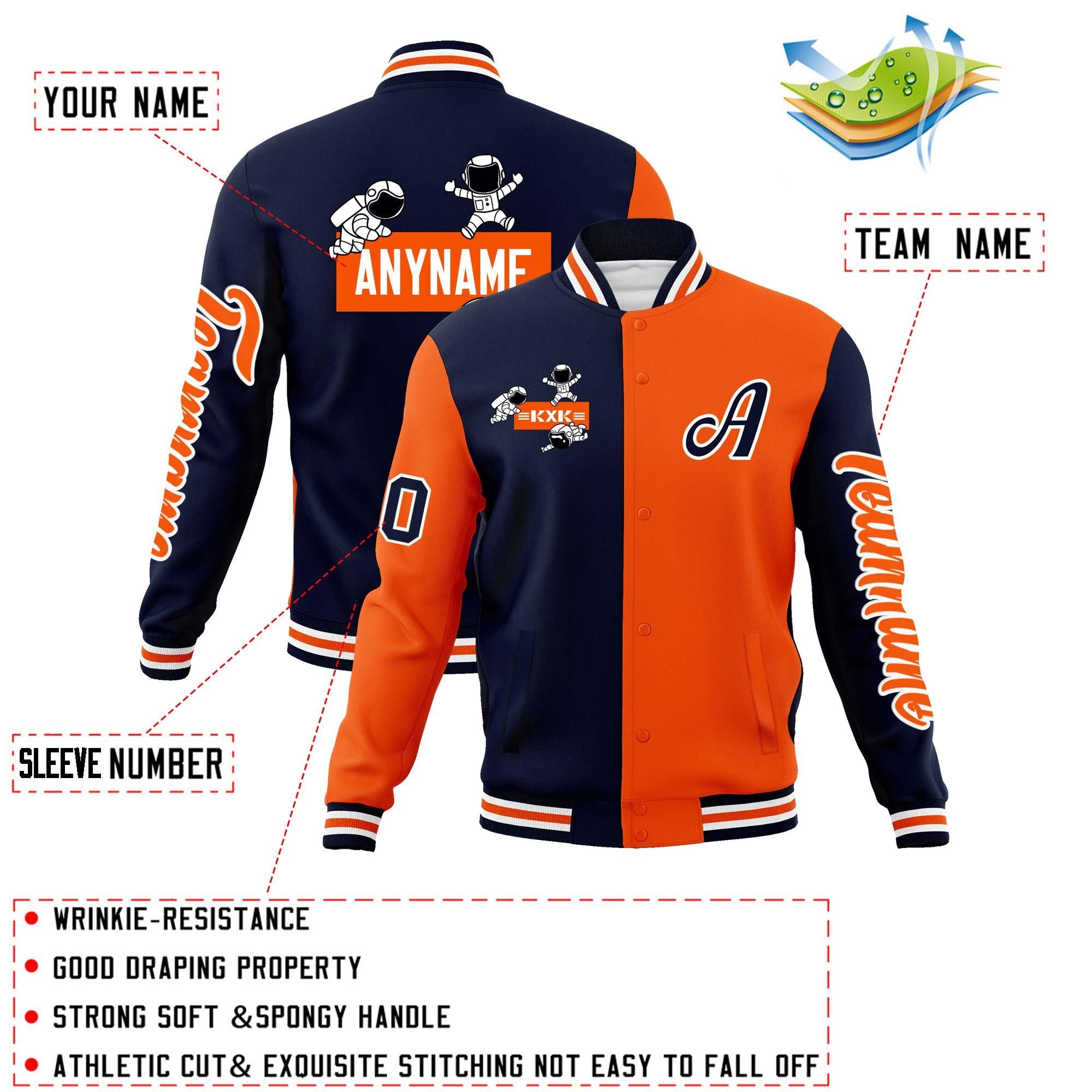 Custom Navy Orange Two Tone Split Fashion Varsity Letterman Jacket with Raglan Sleeves