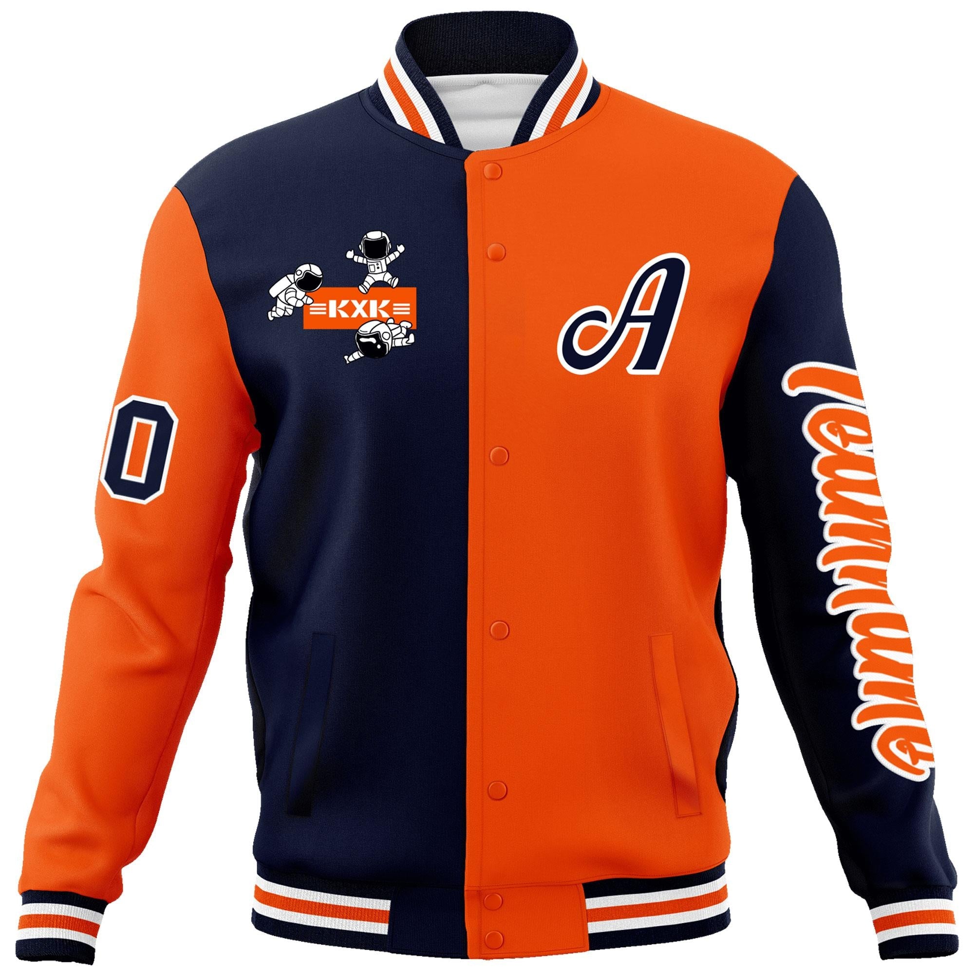 Custom Navy Orange Two Tone Split Fashion Varsity Letterman Jacket with Raglan Sleeves