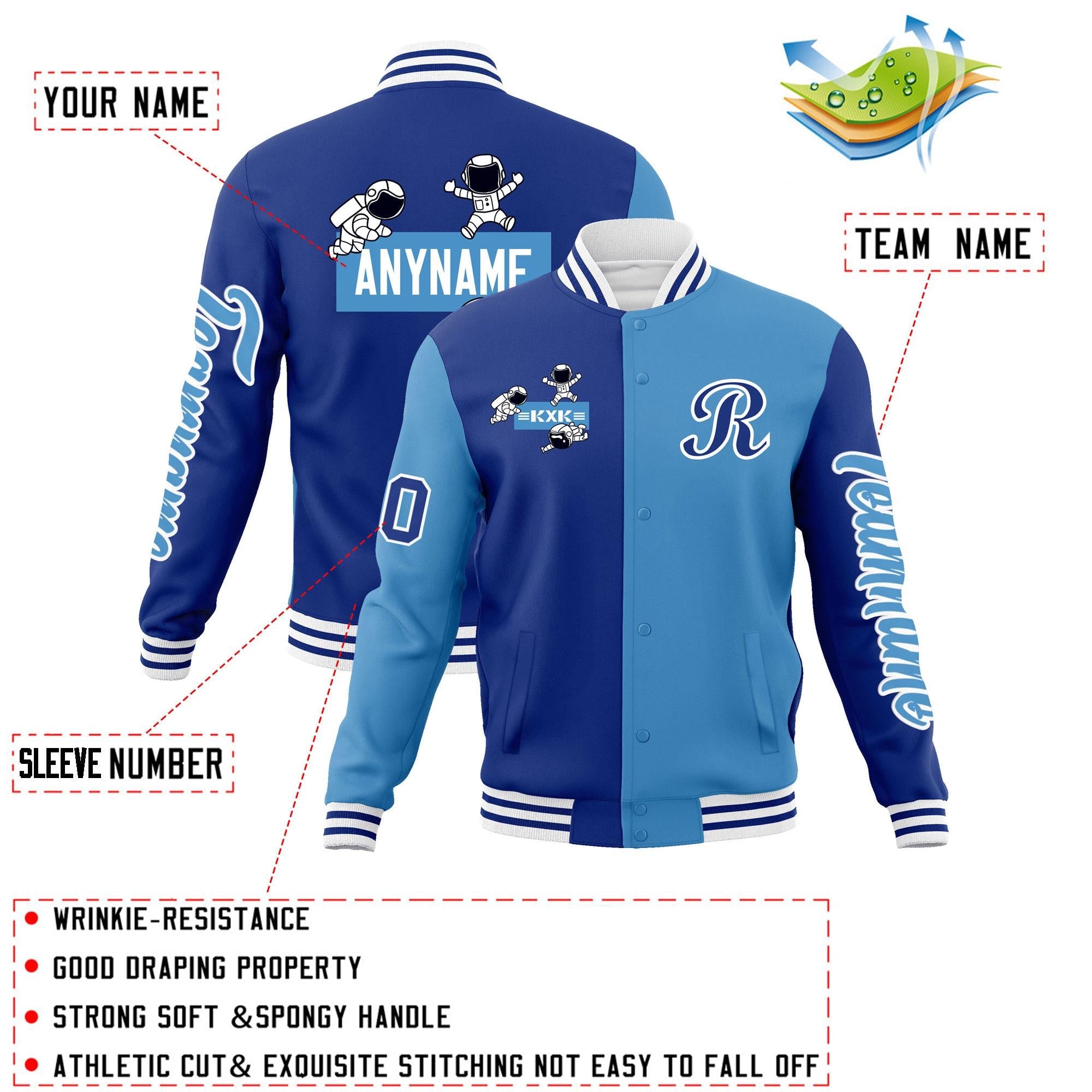 Custom Royal Light Blue Two Tone Split Fashion Varsity Letterman Jacket with Raglan Sleeves