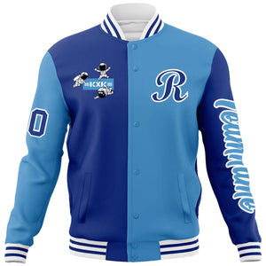 Custom Royal Light Blue Two Tone Split Fashion Varsity Letterman Jacket with Raglan Sleeves