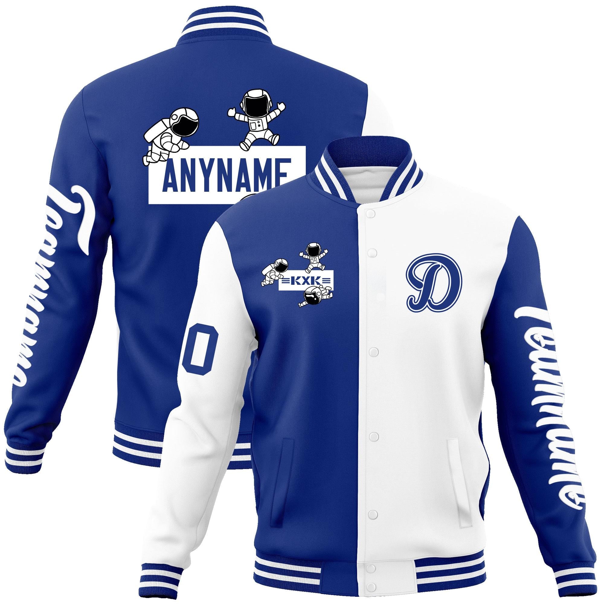 Custom Royal White Two Tone Split Fashion Varsity Letterman Jacket with Raglan Sleeves