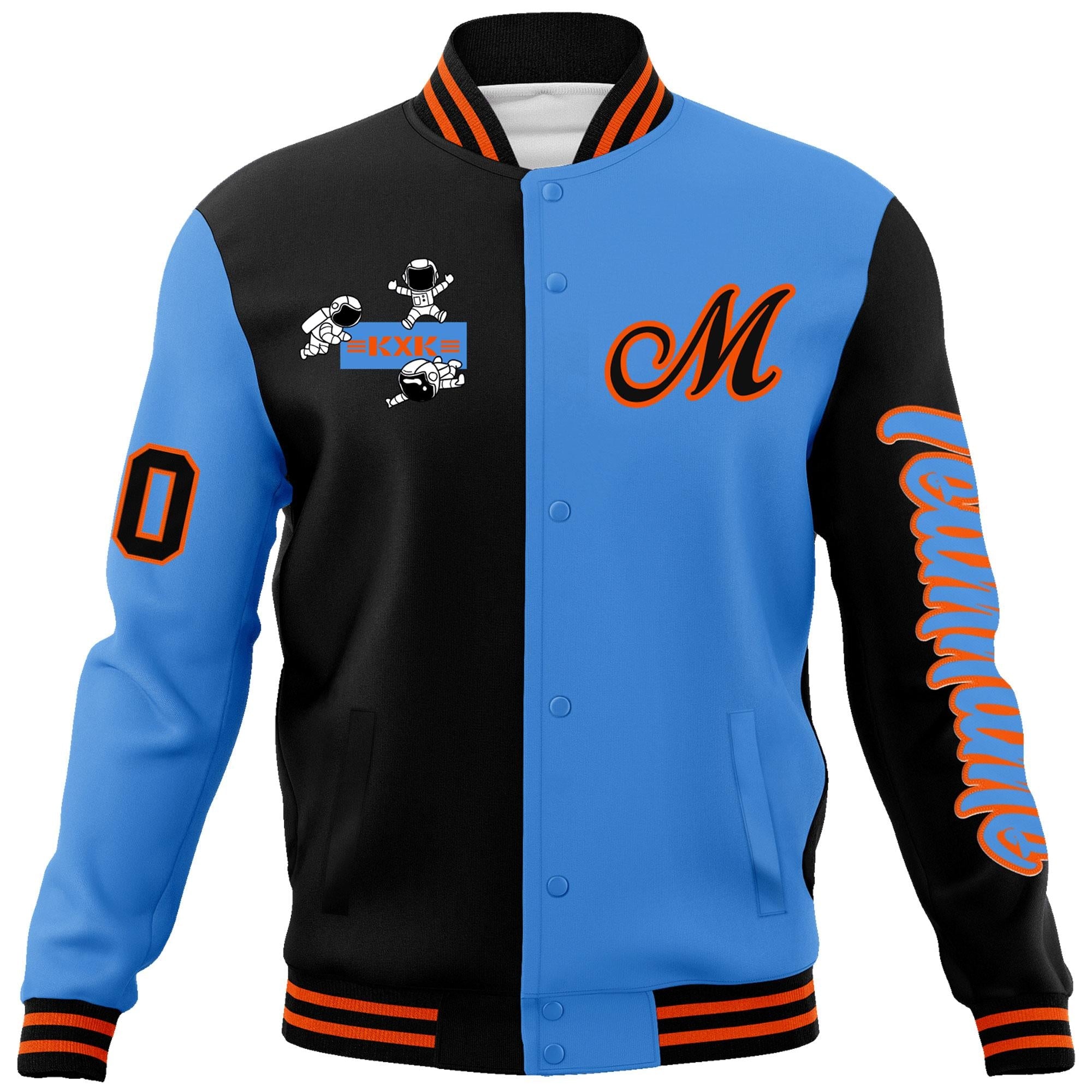 Custom Black Powder Blue Two Tone Split Fashion Varsity Letterman Jacket with Raglan Sleeves