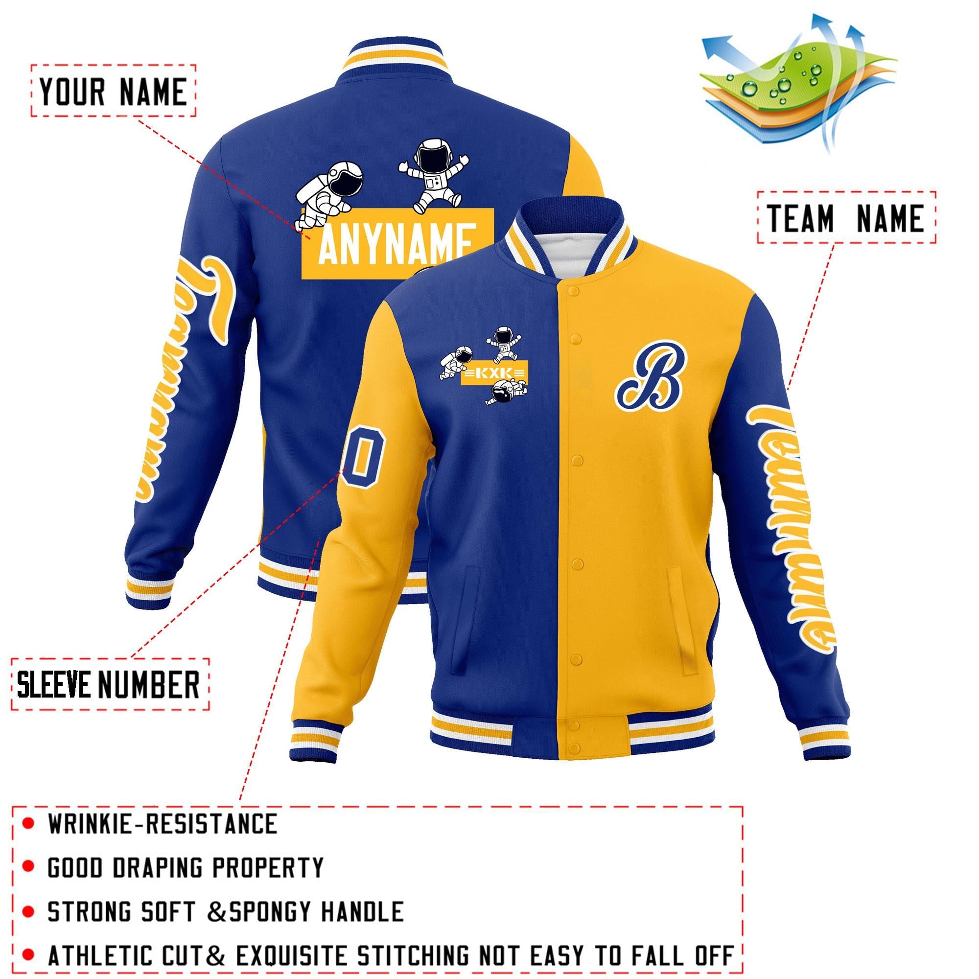 Custom Royal Gold Two Tone Split Fashion Varsity Letterman Jacket with Raglan Sleeves