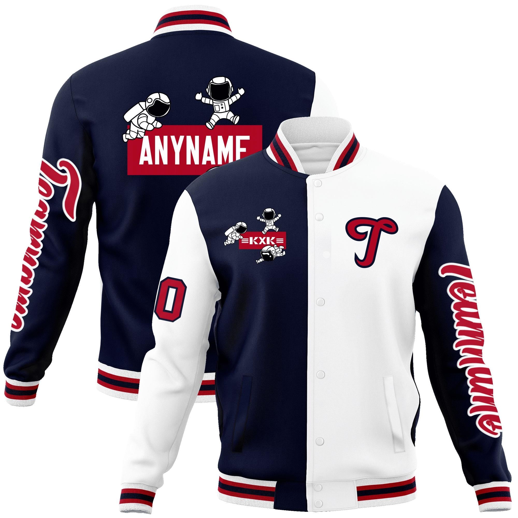 Custom Navy White Two Tone Split Fashion Varsity Letterman Jacket with Raglan Sleeves