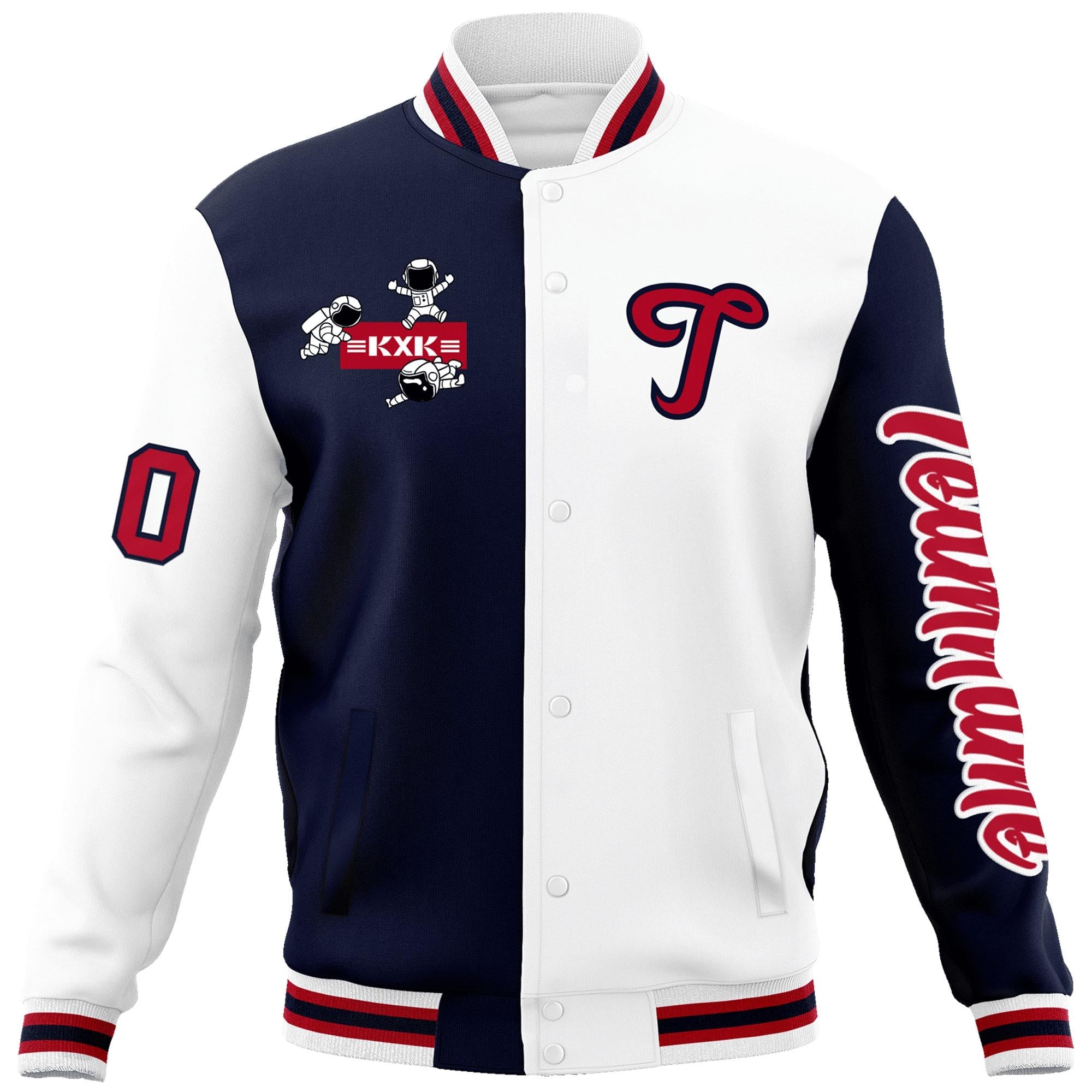 Custom Navy White Two Tone Split Fashion Varsity Letterman Jacket with Raglan Sleeves