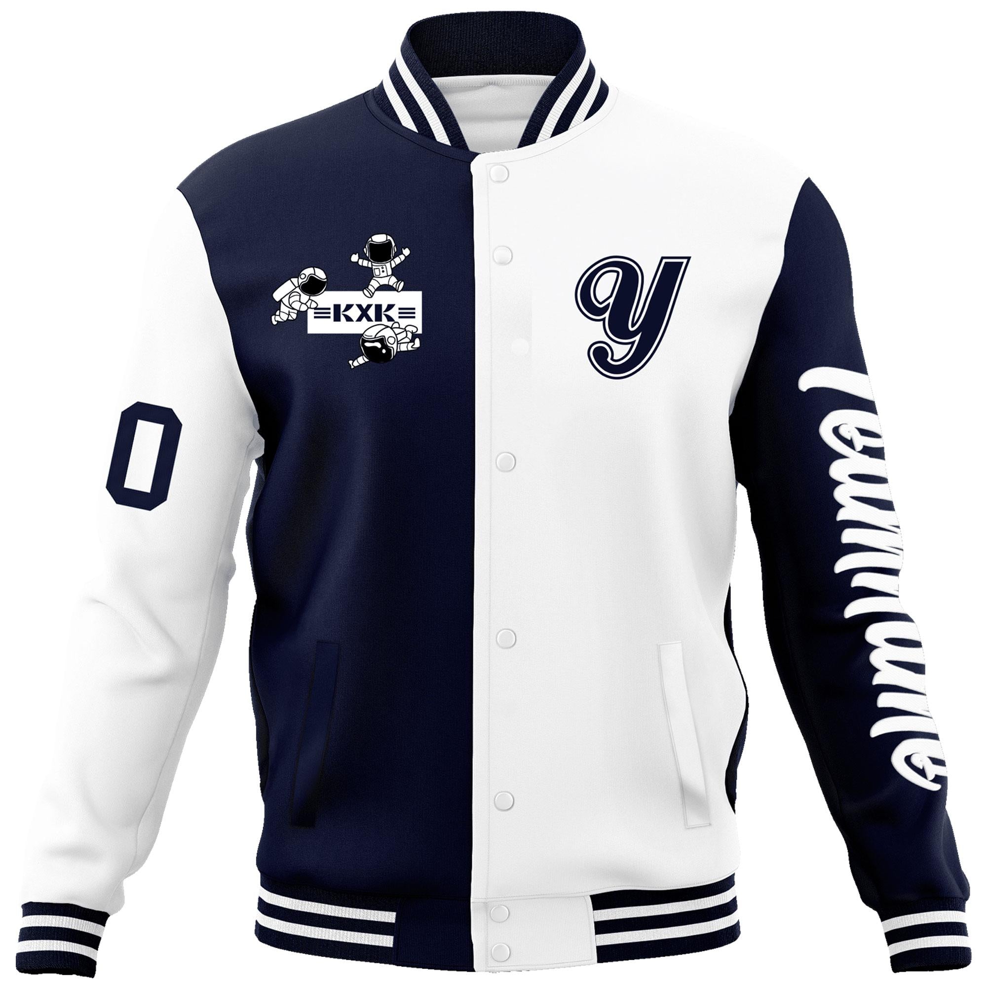 Custom Navy White Two Tone Split Fashion Varsity Letterman Jacket with Raglan Sleeves