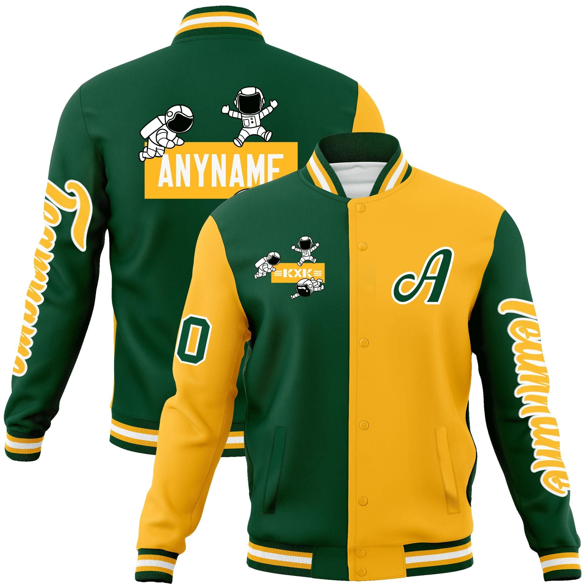 Custom Green Gold Two Tone Split Fashion Varsity Letterman Jacket with Raglan Sleeves