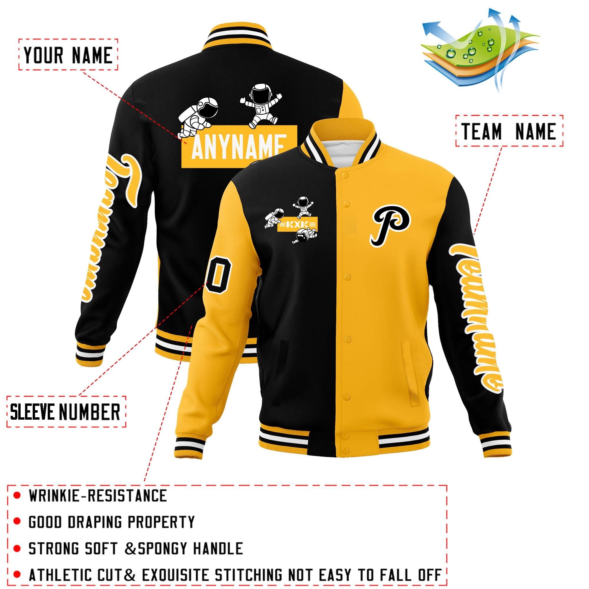 Custom Black Gold Two Tone Split Fashion Varsity Letterman Jacket with Raglan Sleeves