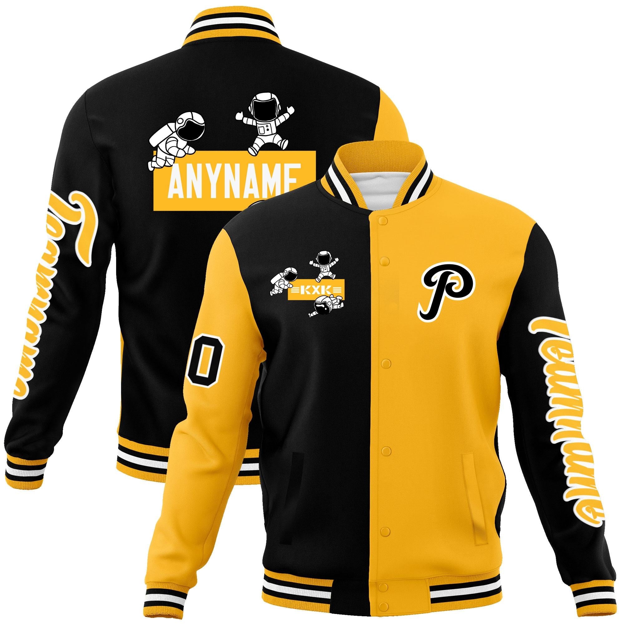 Custom Black Gold Two Tone Split Fashion Varsity Letterman Jacket with Raglan Sleeves