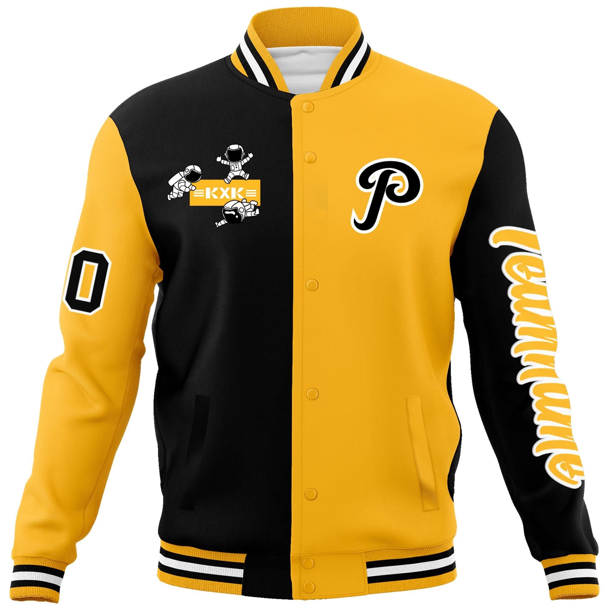 Custom Black Gold Two Tone Split Fashion Varsity Letterman Jacket with Raglan Sleeves