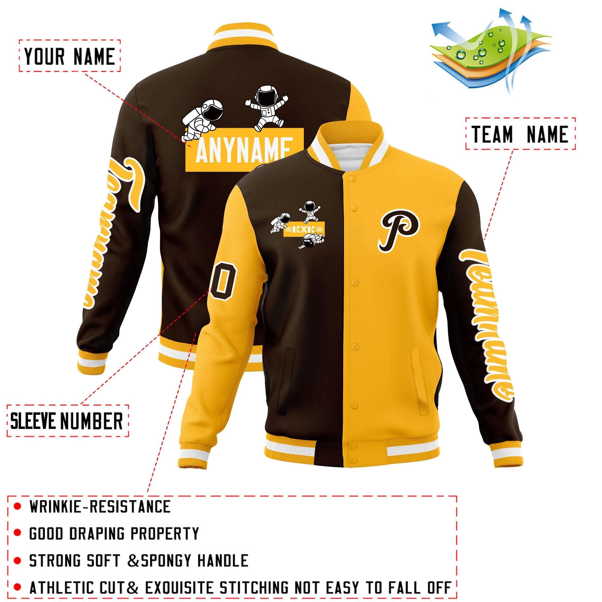 Custom Brown Gold Two Tone Split Fashion Varsity Letterman Jacket with Raglan Sleeves