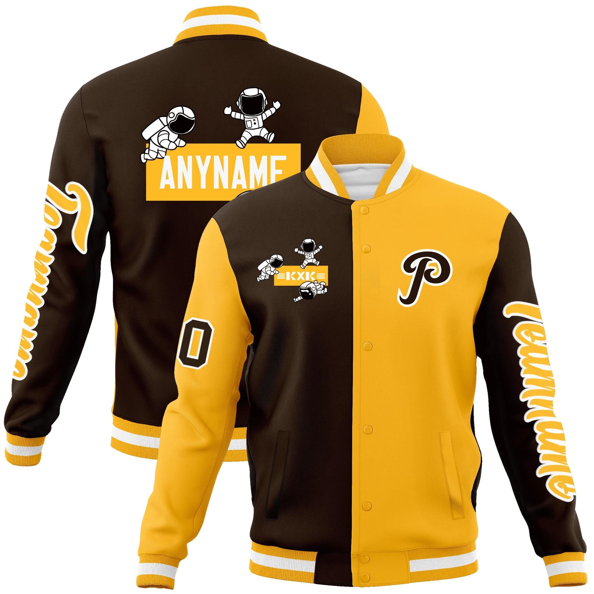 Custom Brown Gold Two Tone Split Fashion Varsity Letterman Jacket with Raglan Sleeves