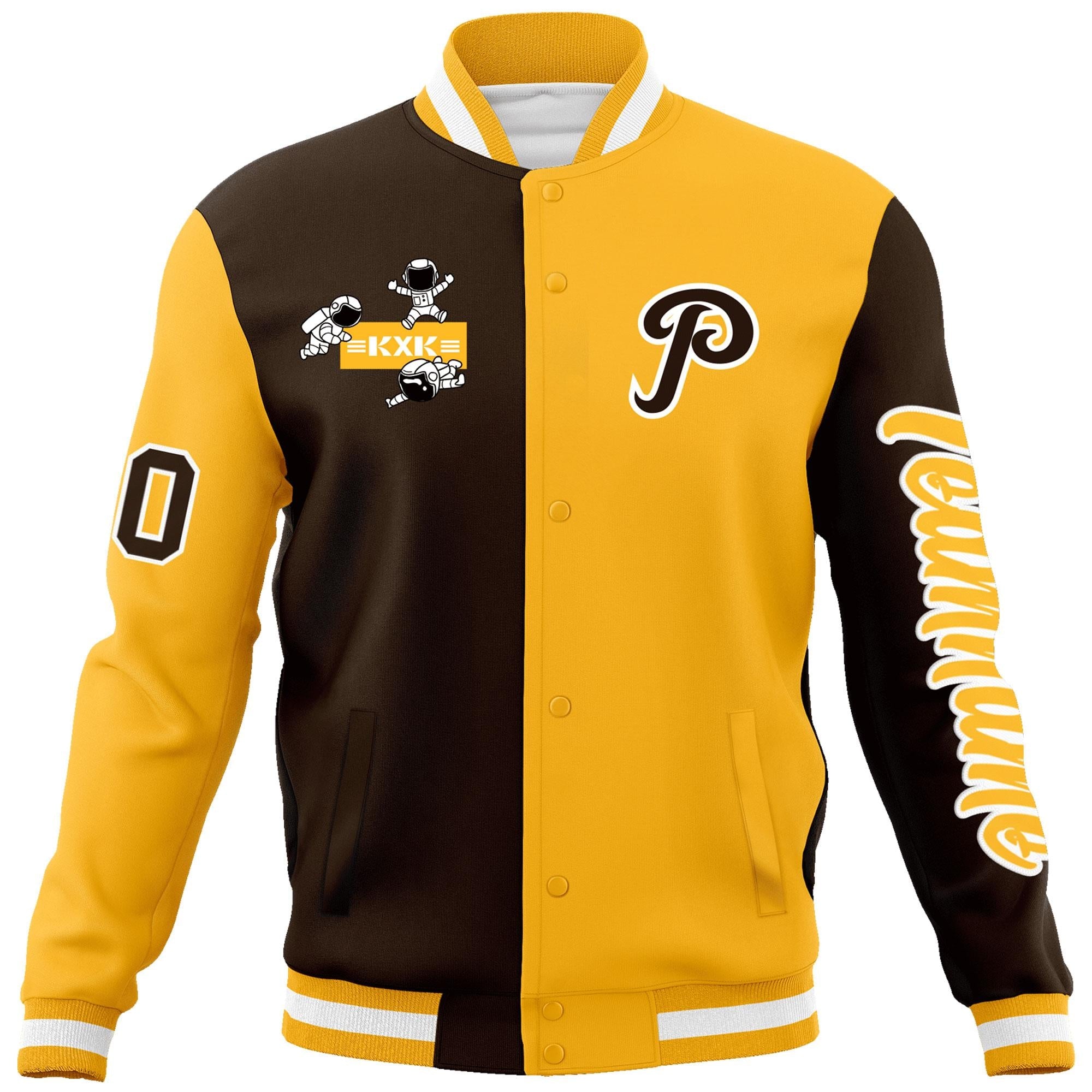 Custom Brown Gold Two Tone Split Fashion Varsity Letterman Jacket with Raglan Sleeves