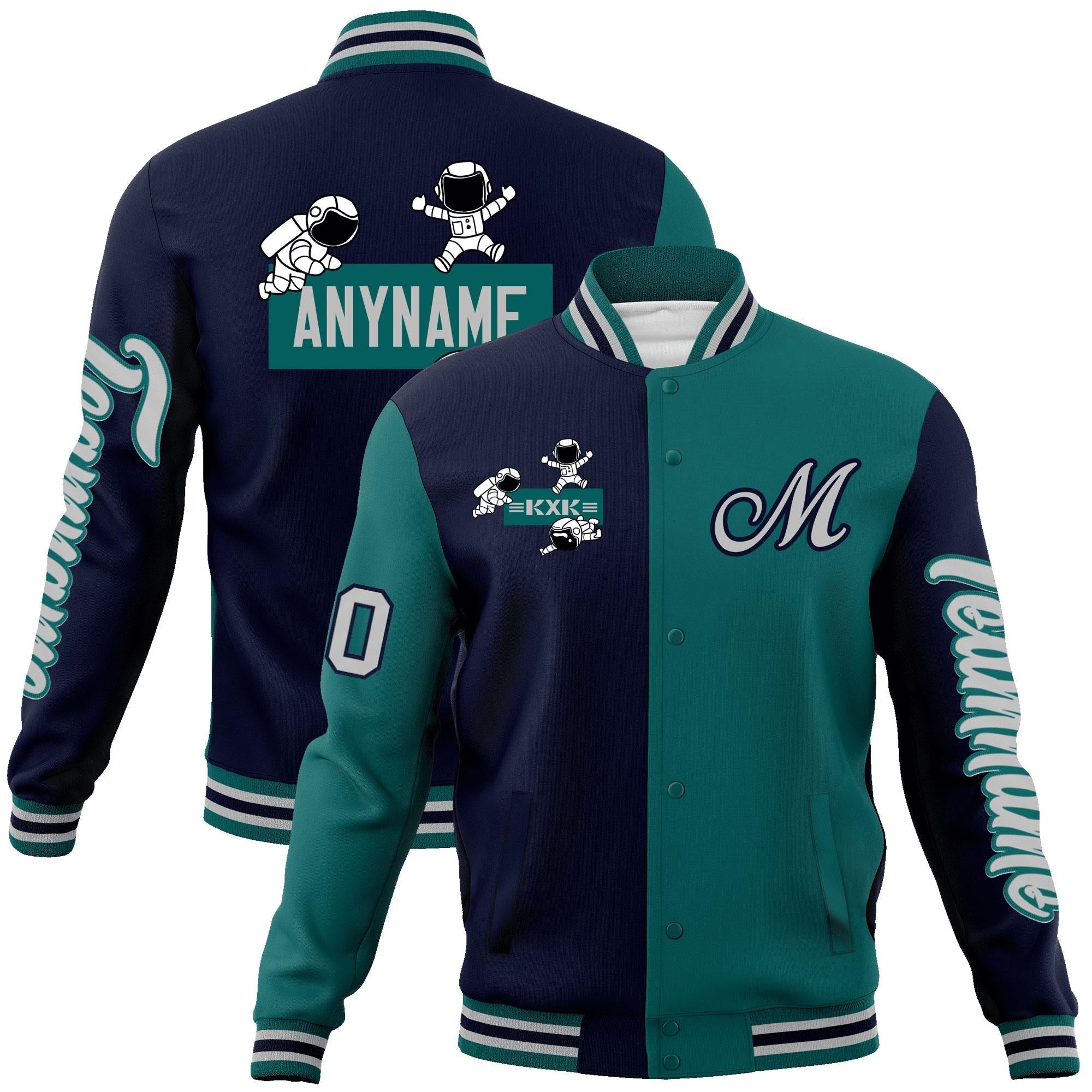 Custom Navy Aqua Two Tone Split Fashion Varsity Letterman Jacket with Raglan Sleeves