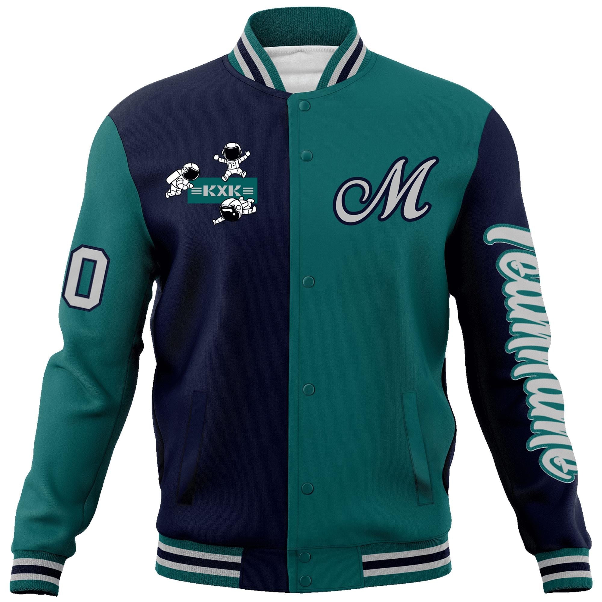 Custom Navy Aqua Two Tone Split Fashion Varsity Letterman Jacket with Raglan Sleeves