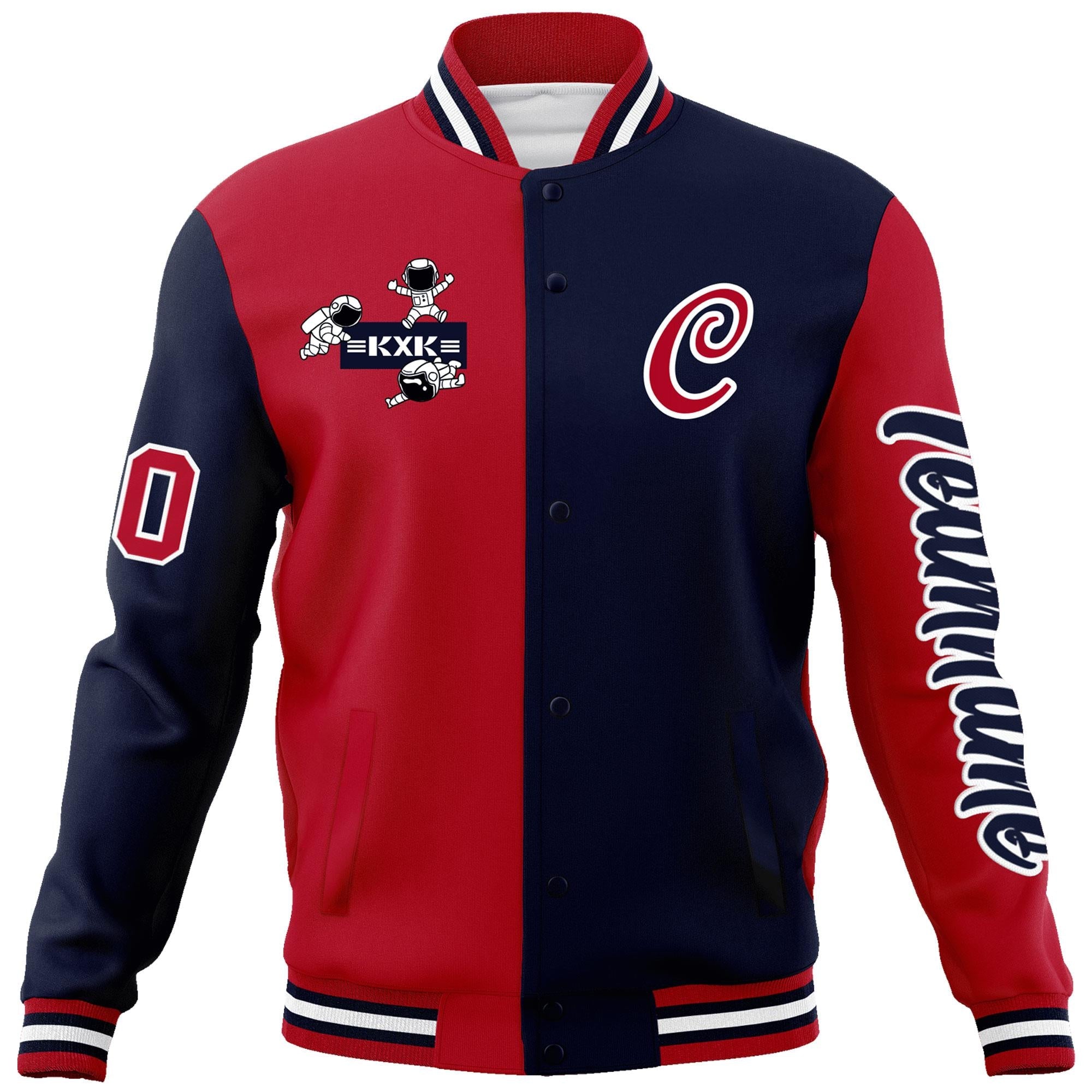 Custom Red Navy Two Tone Split Fashion Varsity Letterman Jacket with Raglan Sleeves