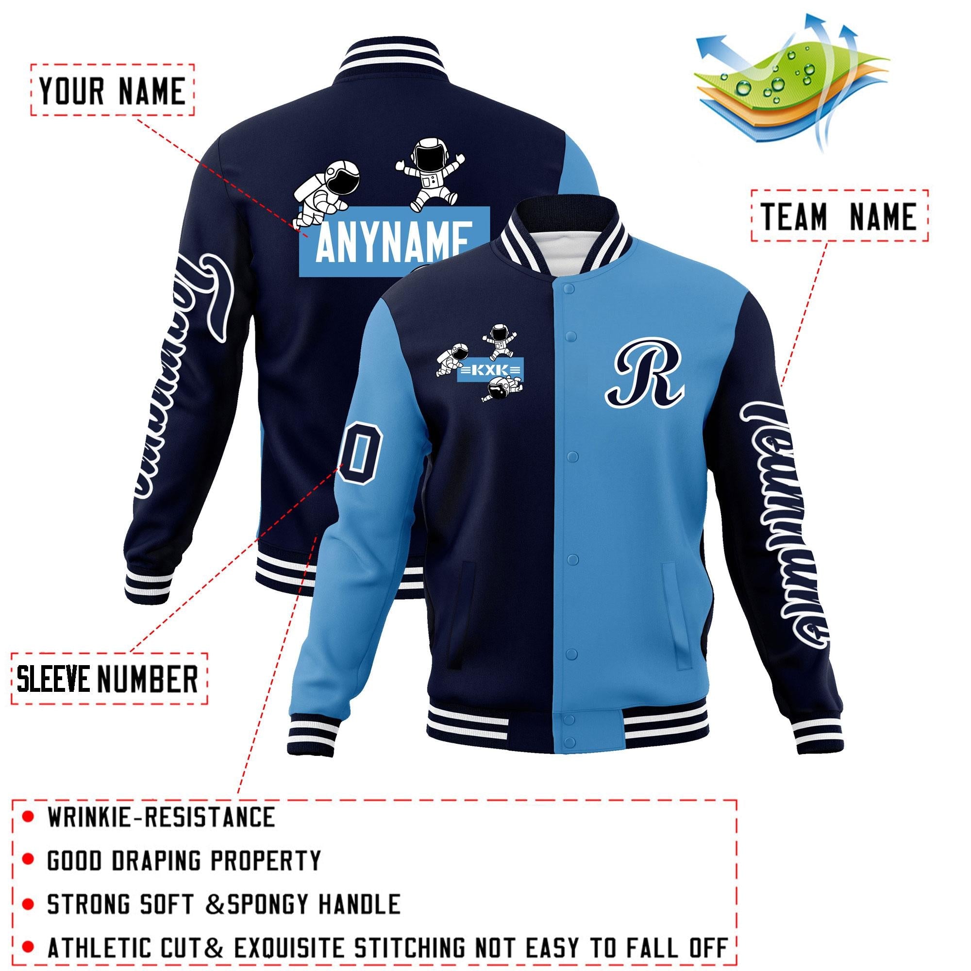 Custom Navy Light Blue Two Tone Split Fashion Varsity Letterman Jacket with Raglan Sleeves