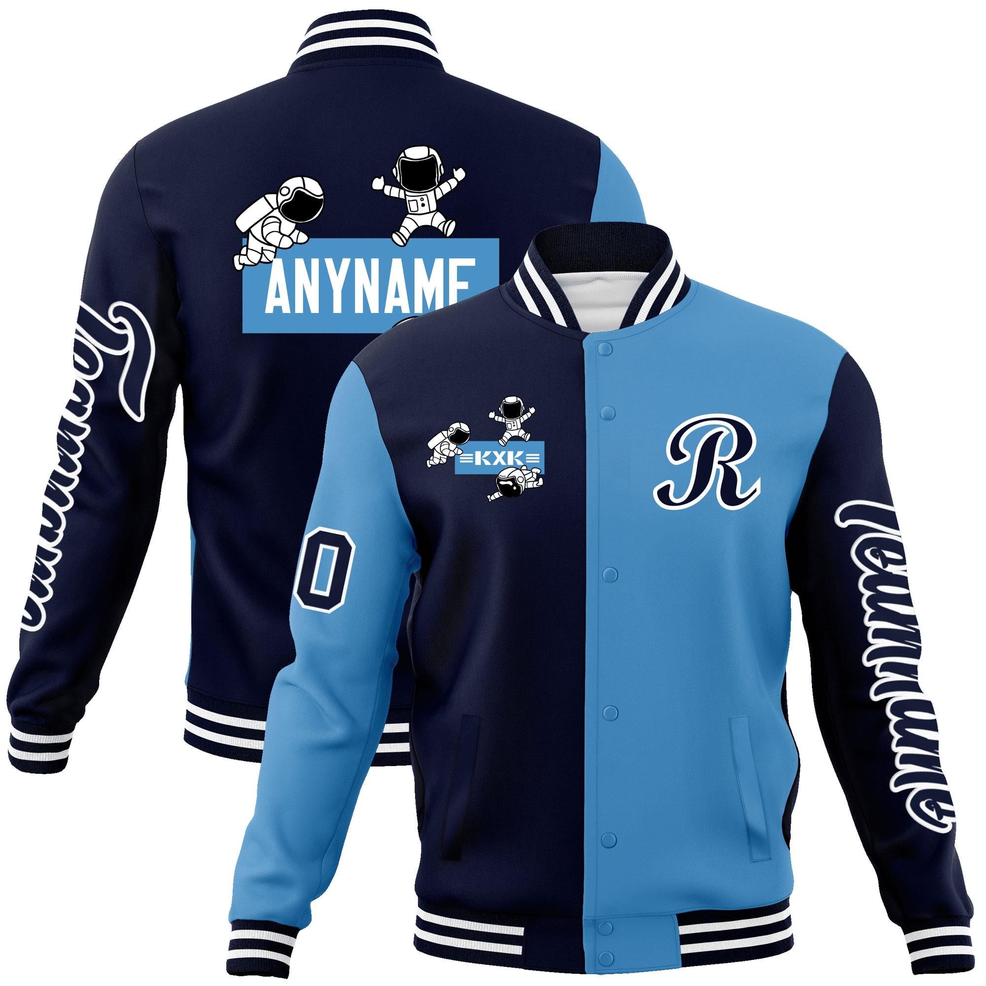 Custom Navy Light Blue Two Tone Split Fashion Varsity Letterman Jacket with Raglan Sleeves