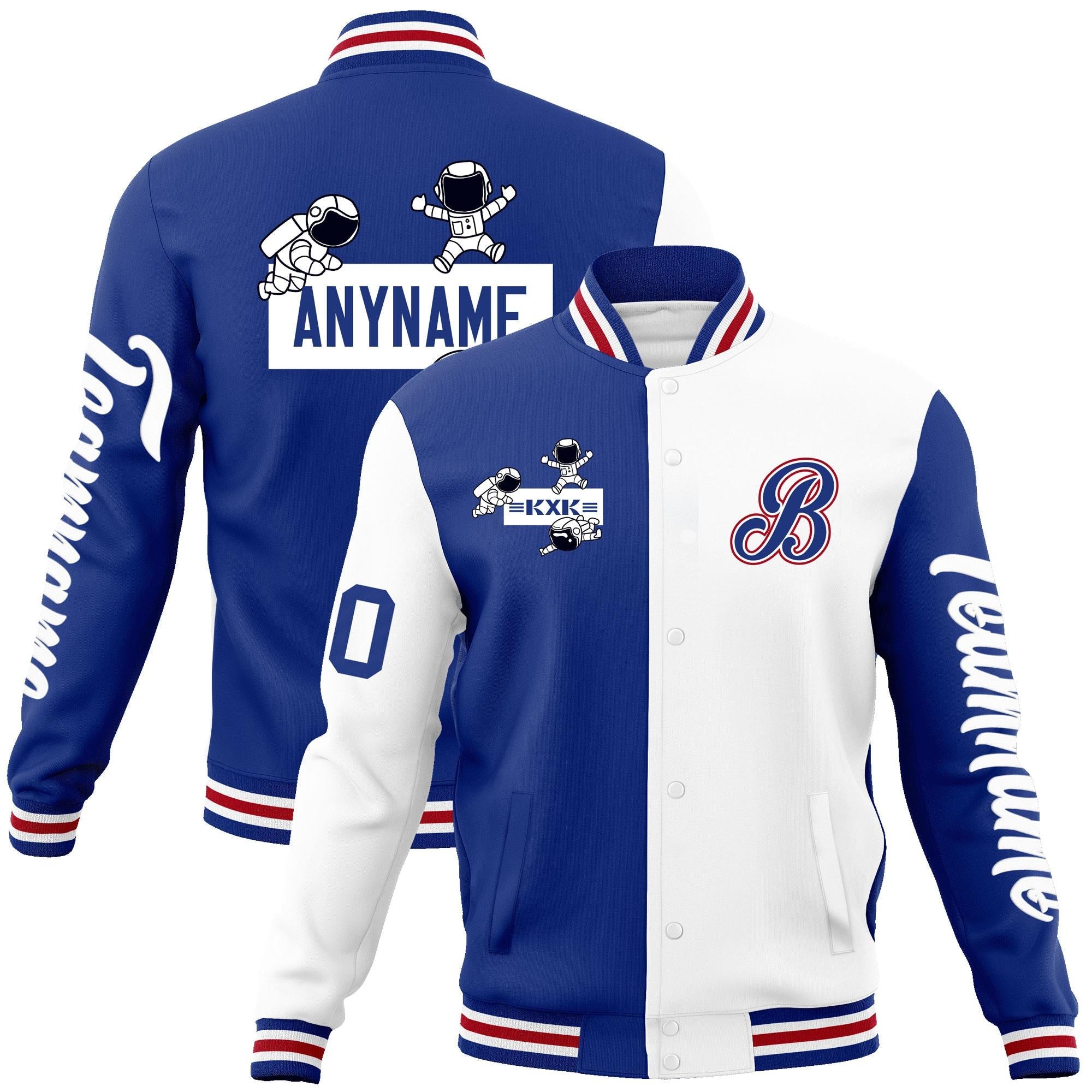 Custom Royal White Two Tone Split Fashion Varsity Letterman Jacket with Raglan Sleeves