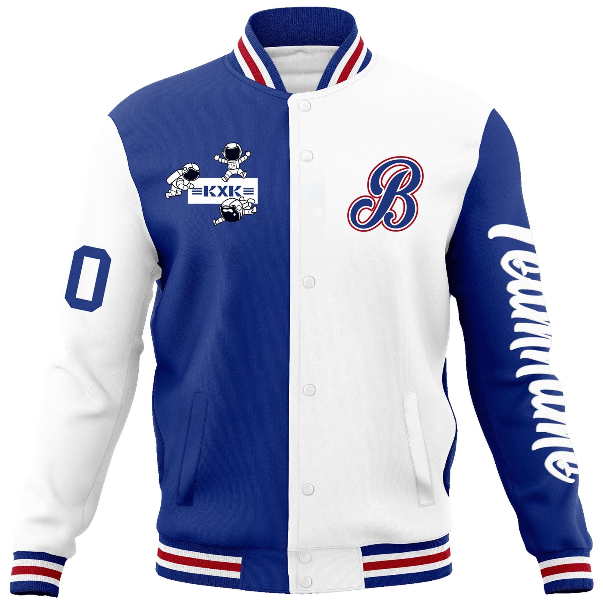 Custom Royal White Two Tone Split Fashion Varsity Letterman Jacket with Raglan Sleeves