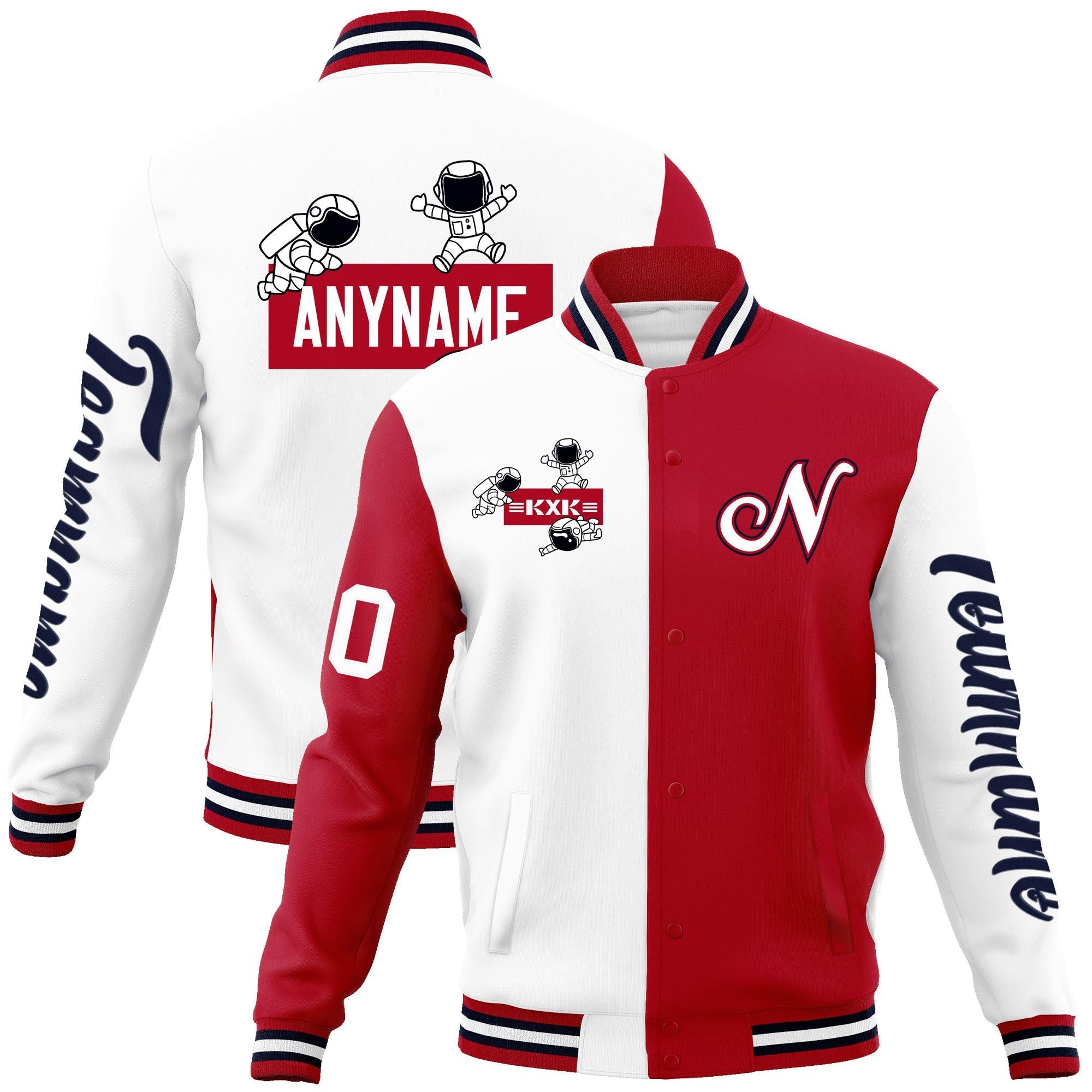 Custom White Red Two Tone Split Fashion Varsity Letterman Jacket with Raglan Sleeves