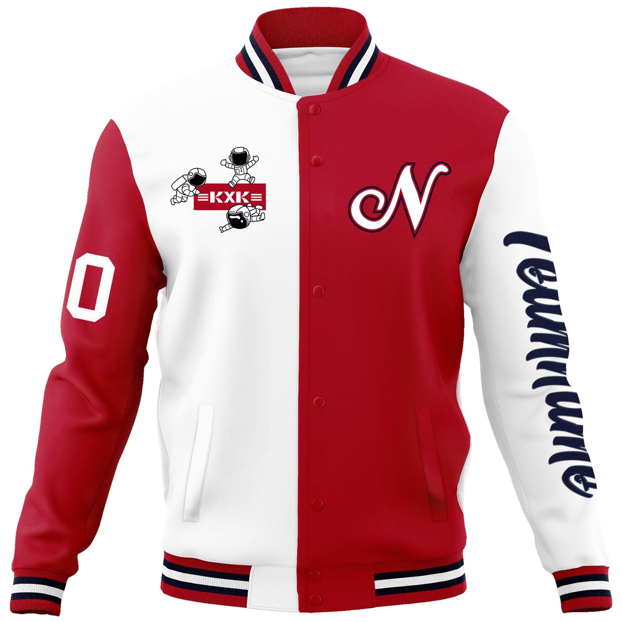 Custom White Red Two Tone Split Fashion Varsity Letterman Jacket with Raglan Sleeves