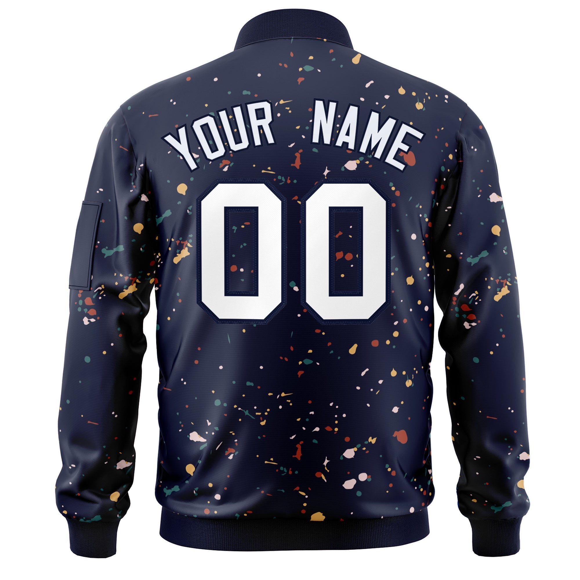 Custom Navy White Varsity Full-Zip Splash Graffiti Pattern Letterman Jacket