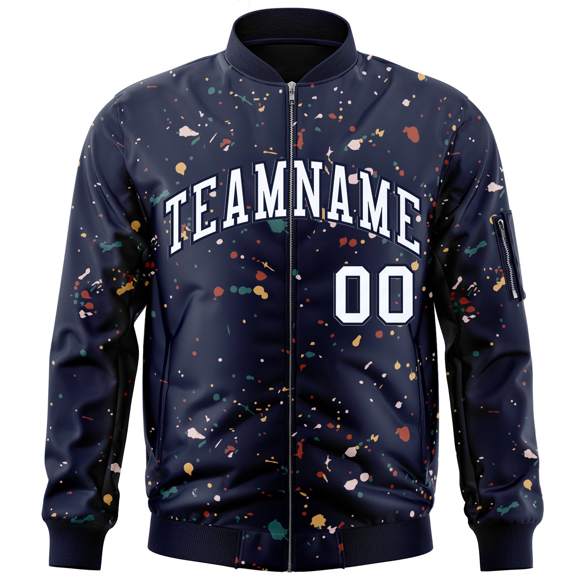 Custom Navy White Varsity Full-Zip Splash Graffiti Pattern Letterman Jacket