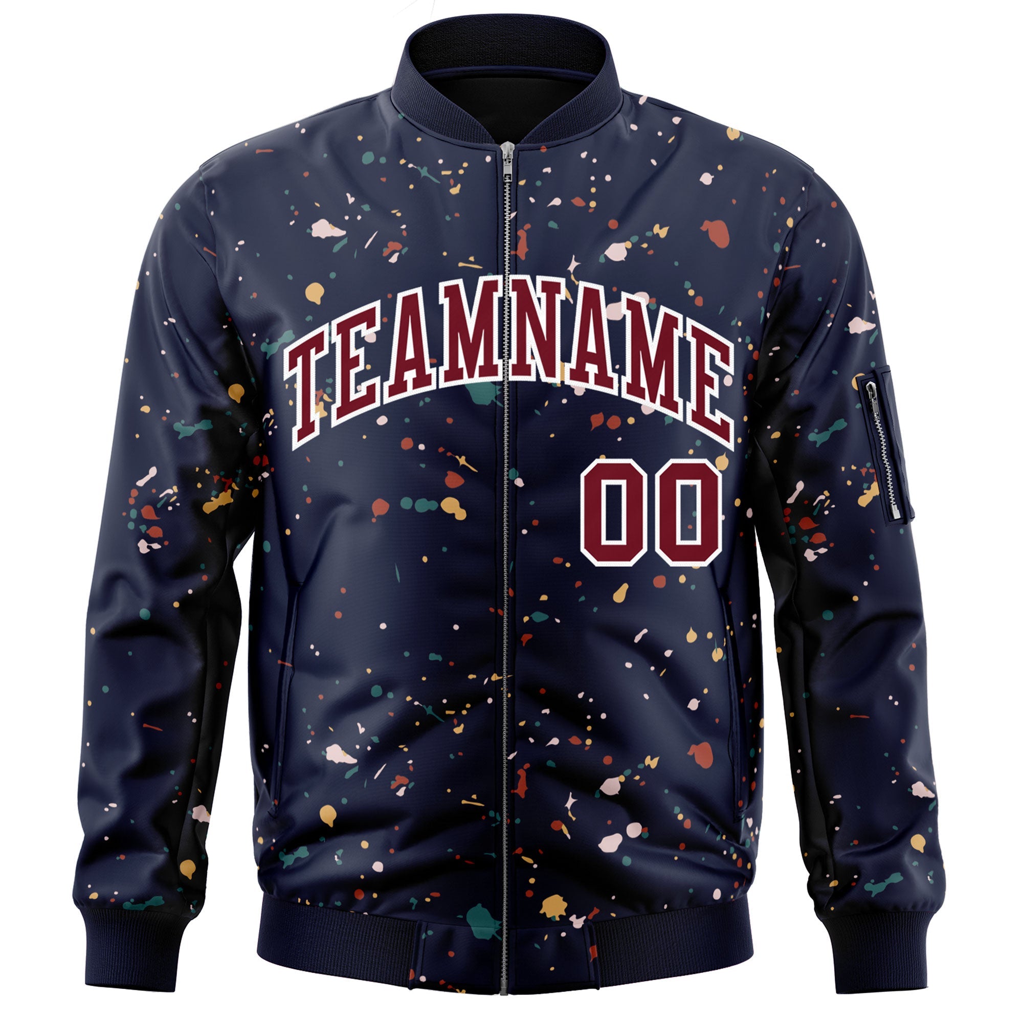 Custom Navy Crimson-White Varsity Full-Zip Splash Graffiti Pattern Letterman Jacket