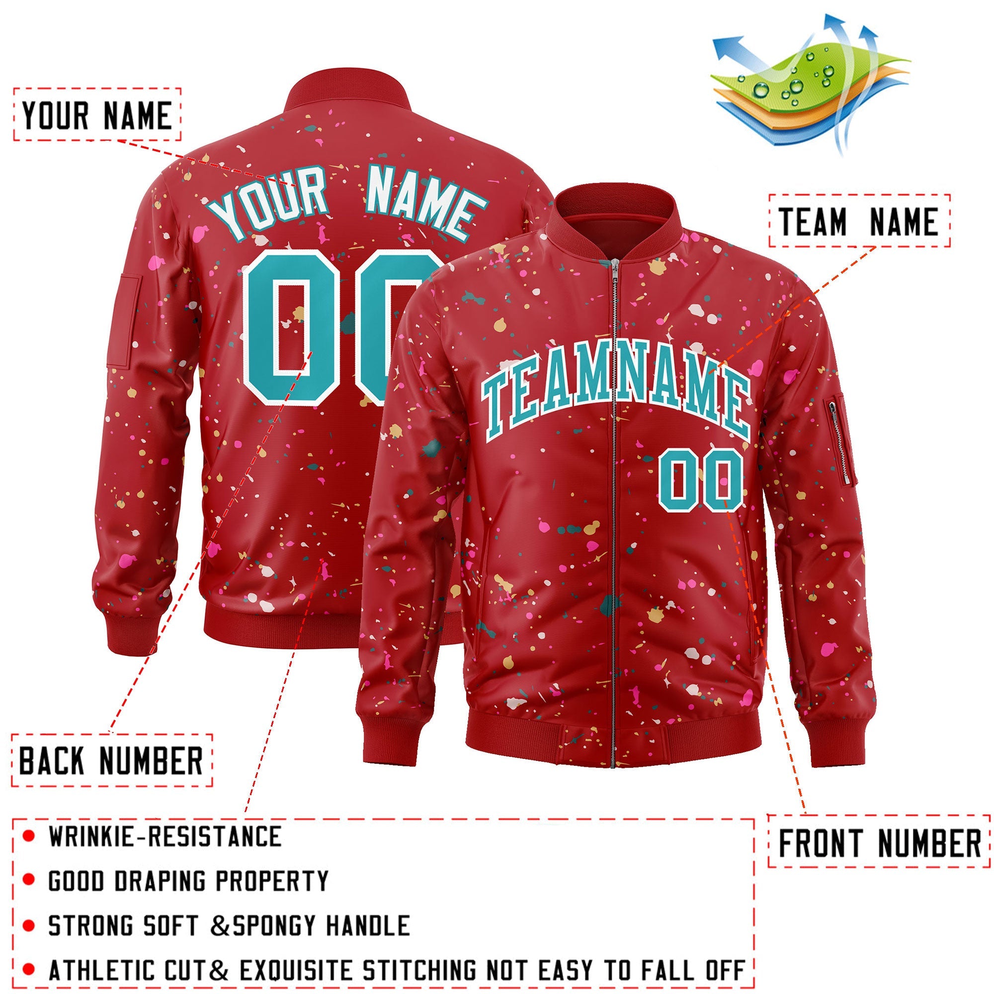 Custom Red Aqua-White Varsity Full-Zip Splash Graffiti Pattern Letterman Jacket