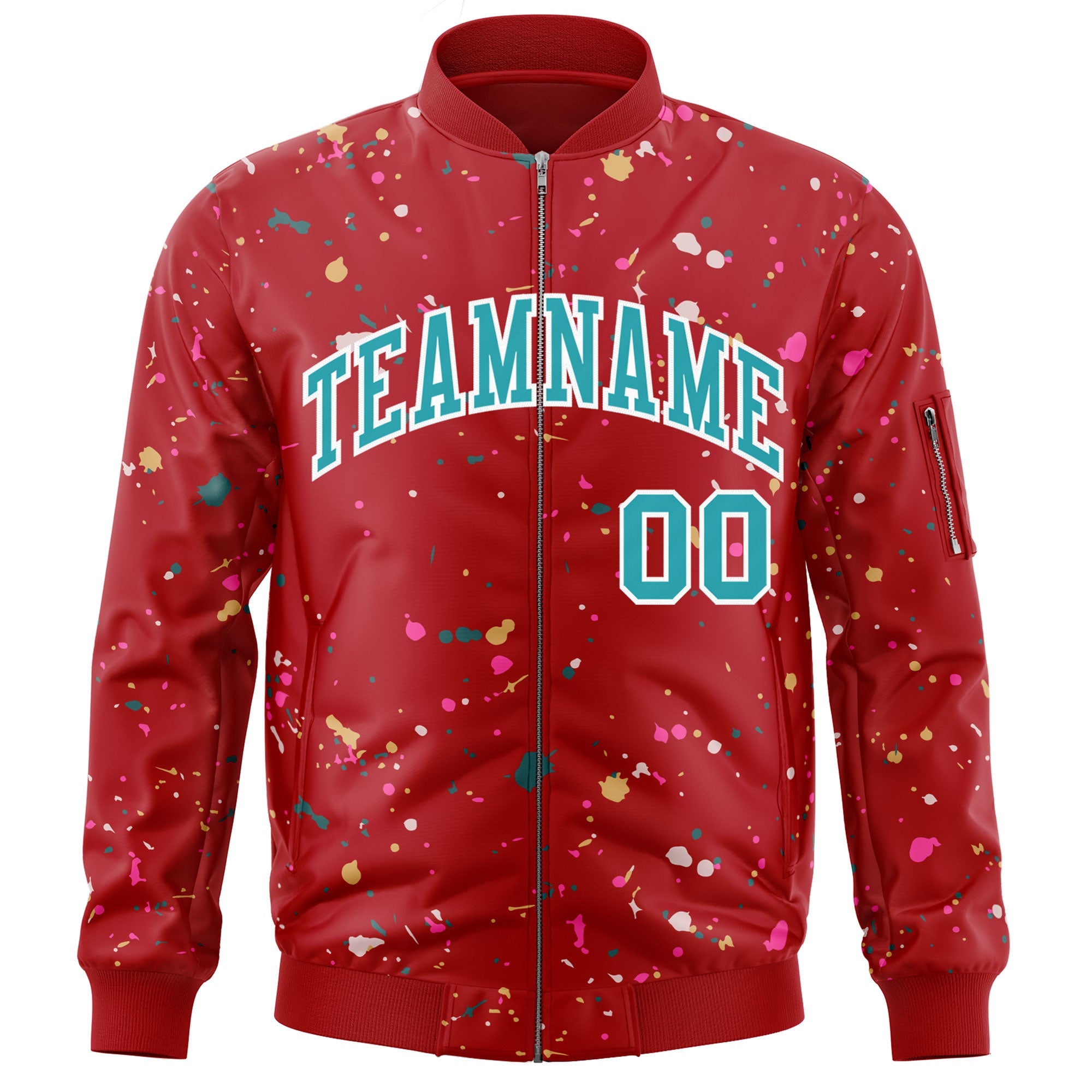 Custom Red Aqua-White Varsity Full-Zip Splash Graffiti Pattern Letterman Jacket