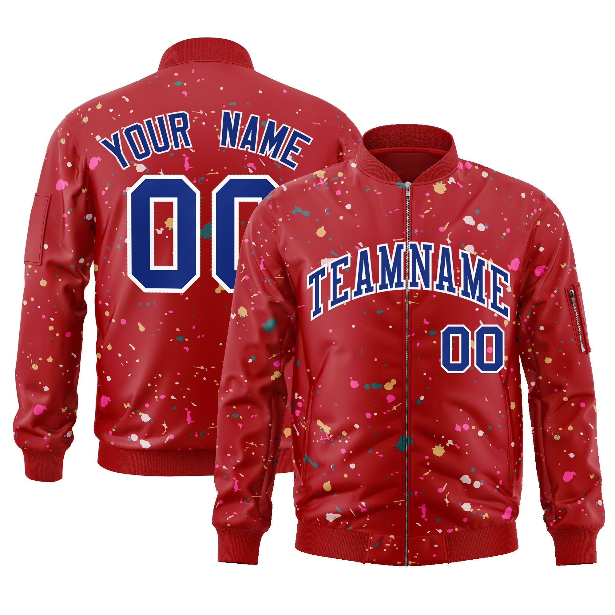 Custom Red Royal-White Varsity Full-Zip Splash Graffiti Pattern Letterman Jacket