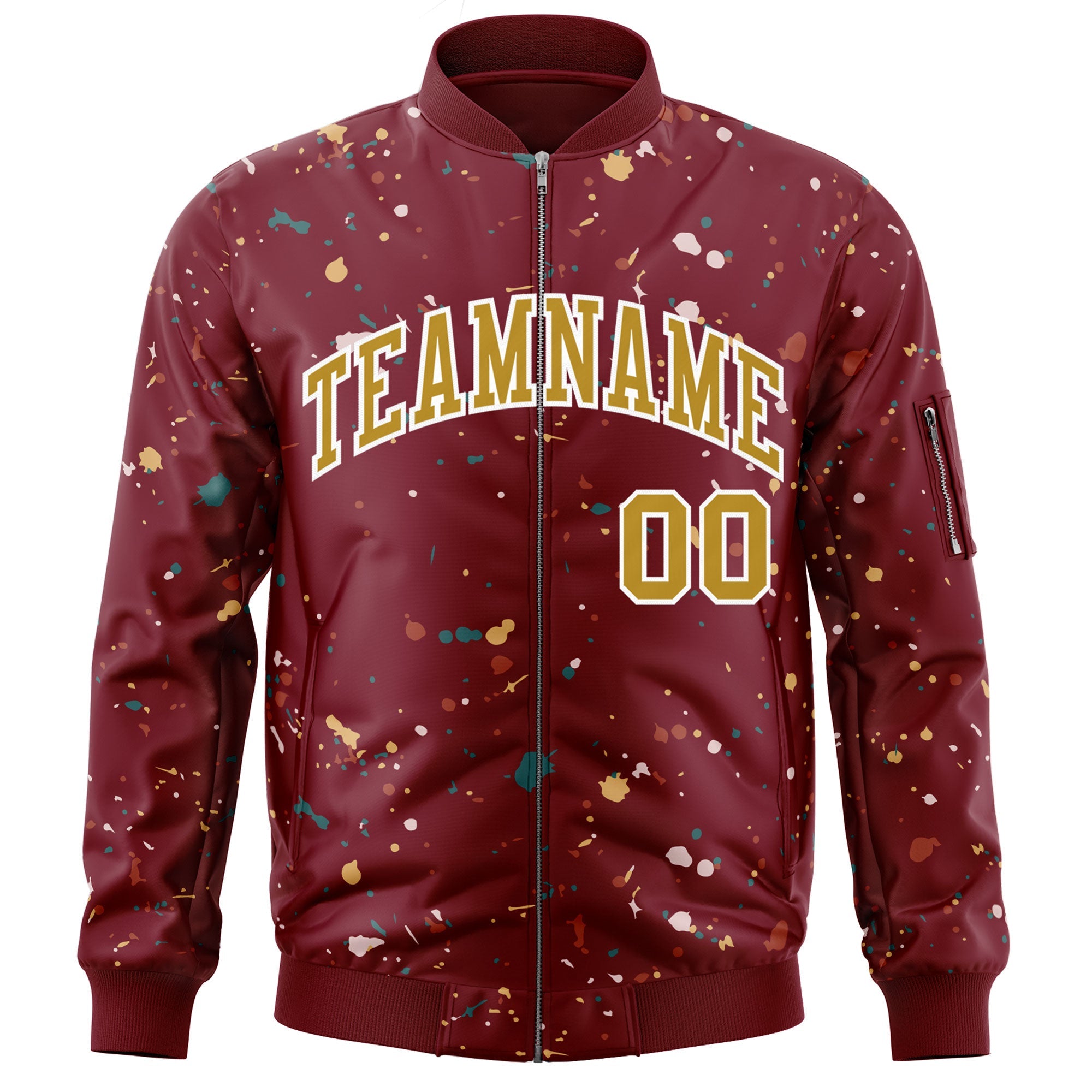 Custom Crimson Old Gold-White Varsity Full-Zip Splash Graffiti Pattern Letterman Jacket