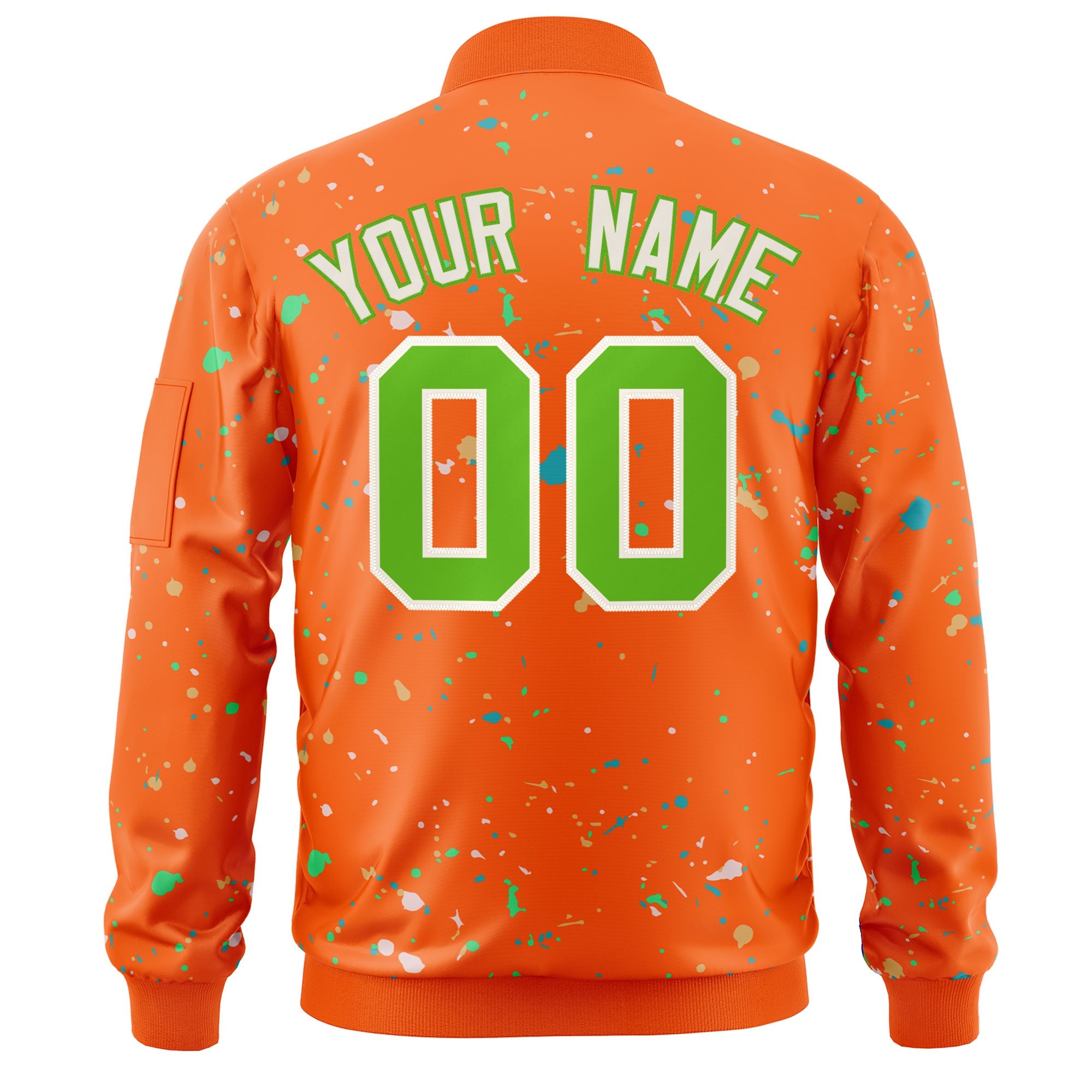 Custom Orange Neon Green-White Varsity Full-Zip Splash Graffiti Pattern Letterman Jacket