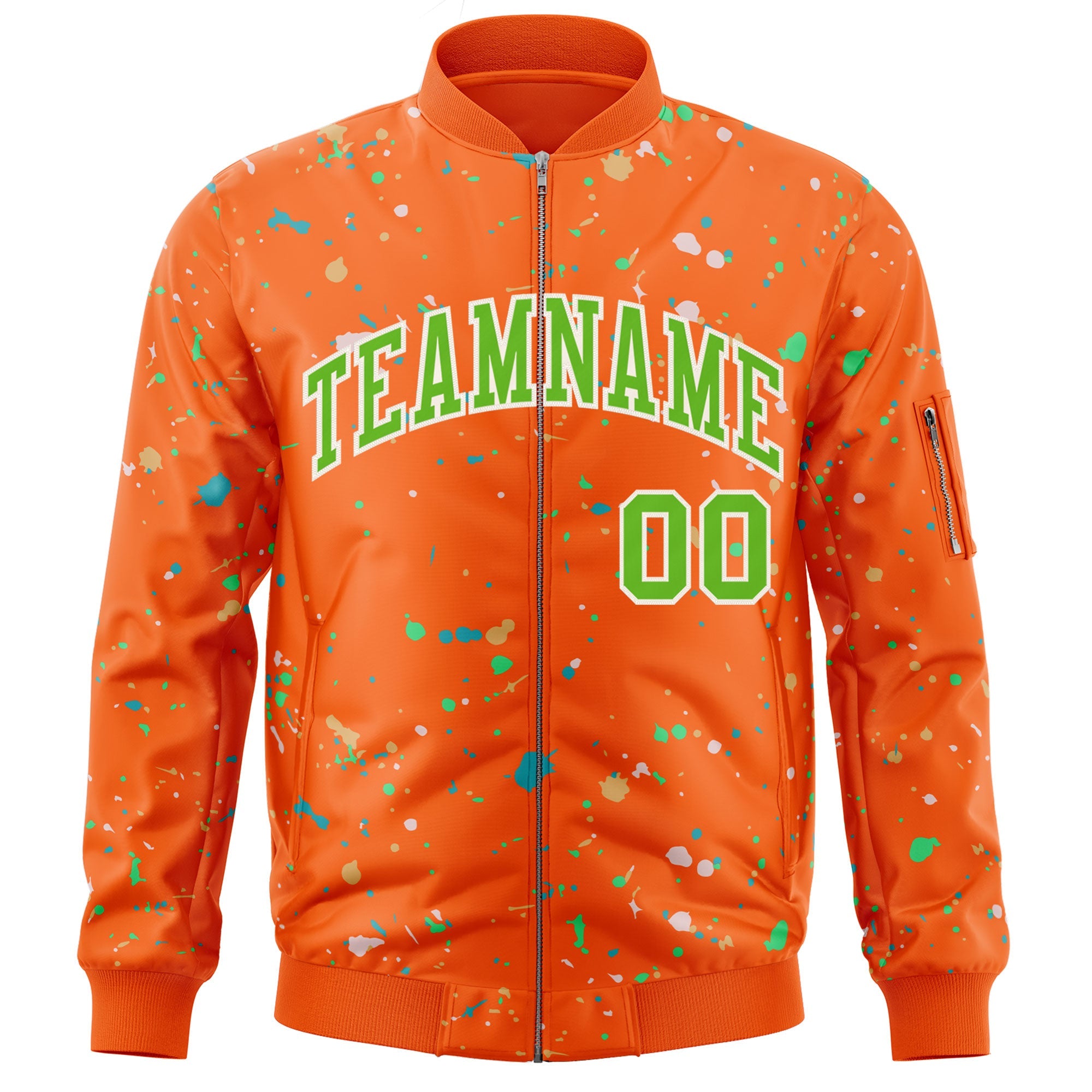 Custom Orange Neon Green-White Varsity Full-Zip Splash Graffiti Pattern Letterman Jacket