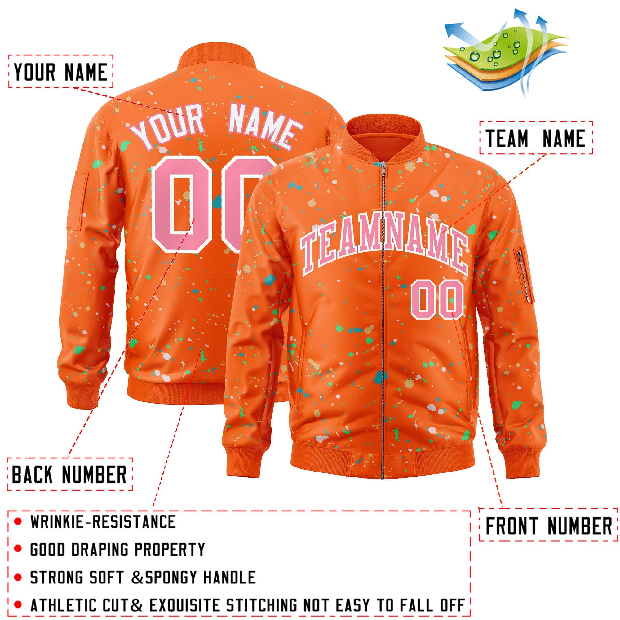 Custom Orange Pink-White Varsity Full-Zip Splash Graffiti Pattern Letterman Jacket